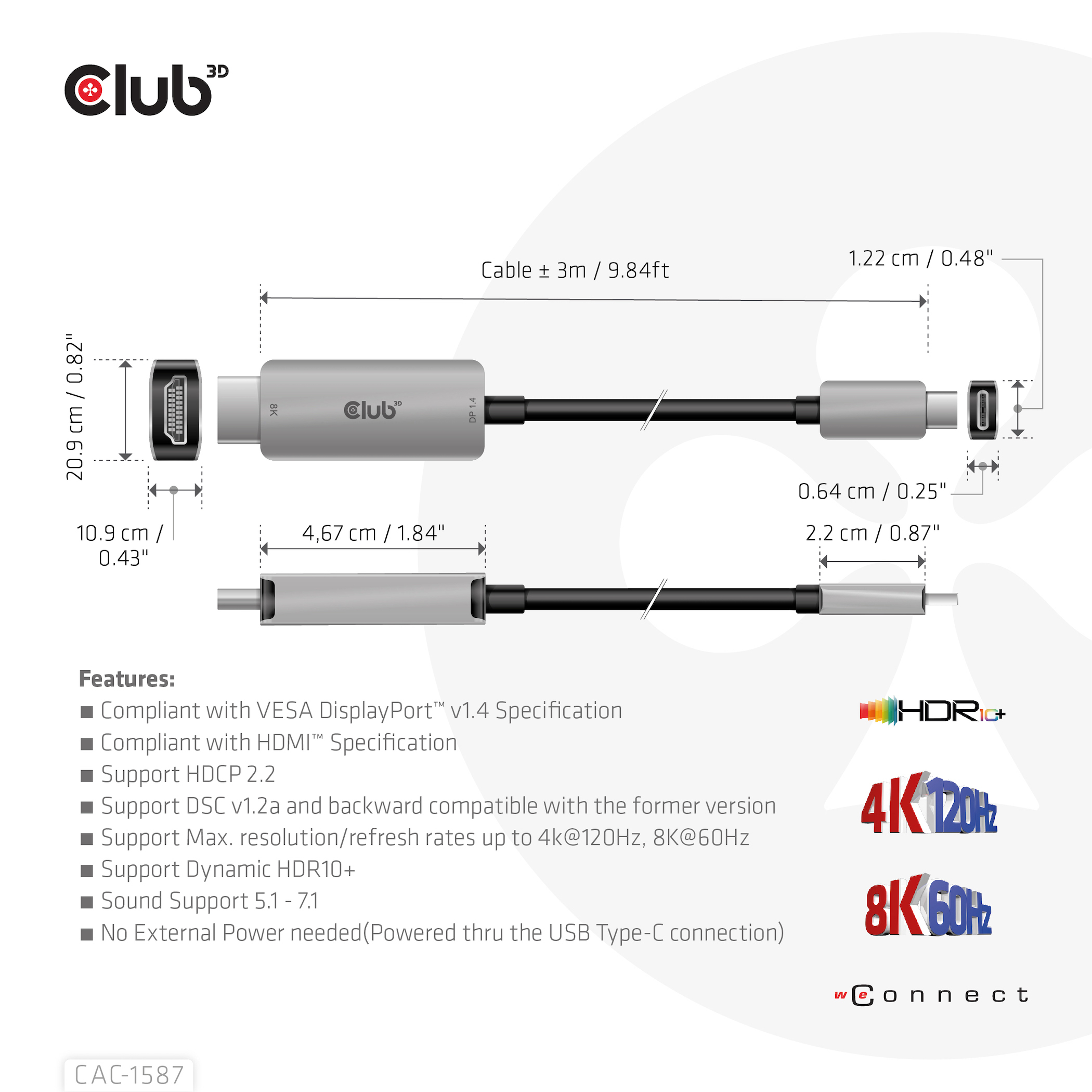 Club 3D Adapterkabel - 24 pin USB-C männlich zu HDMI männlich - 3 m - aktiv, Support von 4K 120 Hz, unterstützt 8K 60 Hz, Ansicht 3
