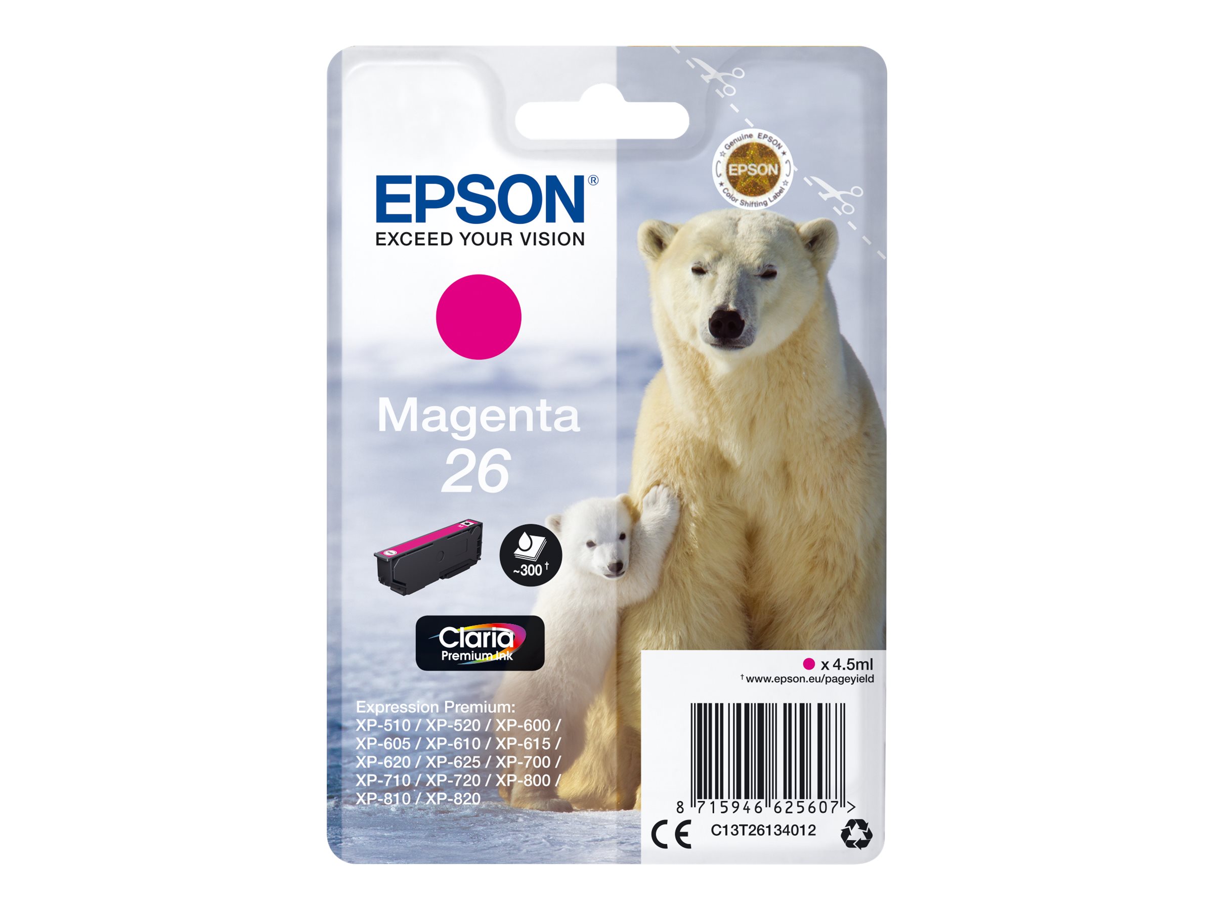 Epson 26 - 4.5 ml - Magenta - original - Tintenpatrone - für Expression Premium XP-510, 520, 600, 605, 610, 615, 620, 625, 700, 710, 720, 800, 810, 820