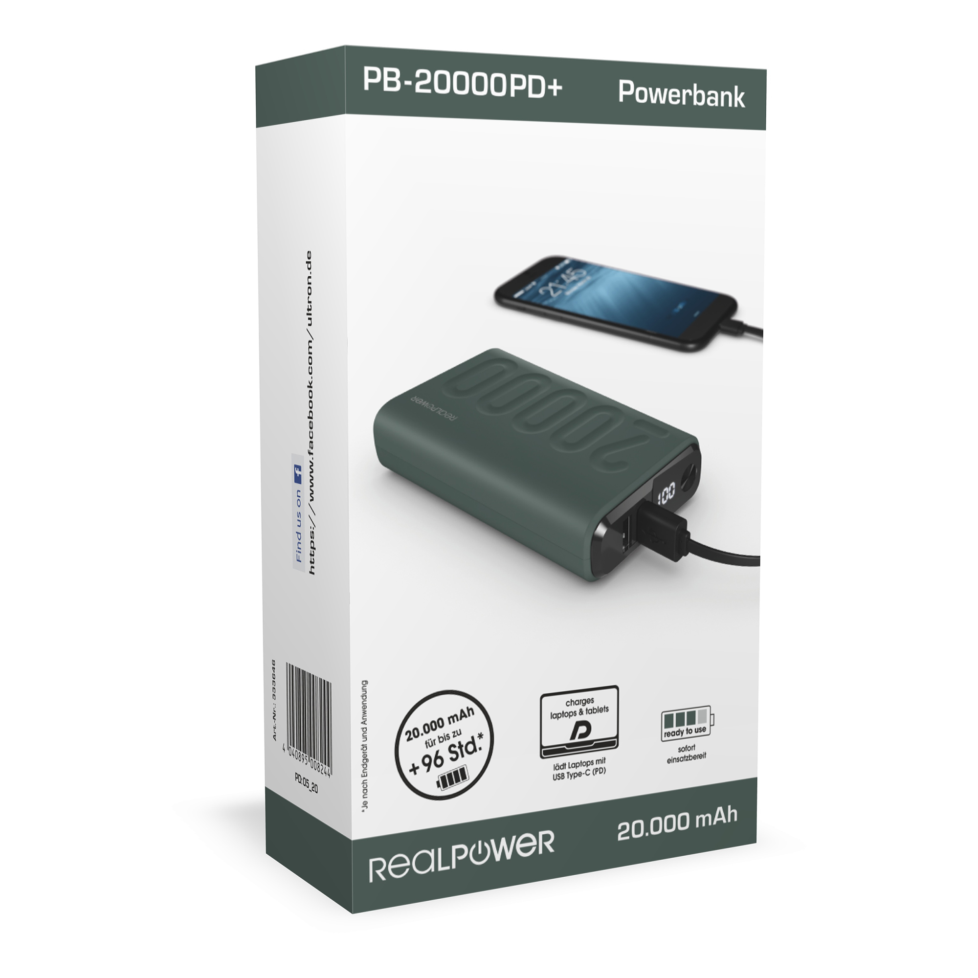 RealPower 333646 - 20000 mAh - Grün, Ansicht 4