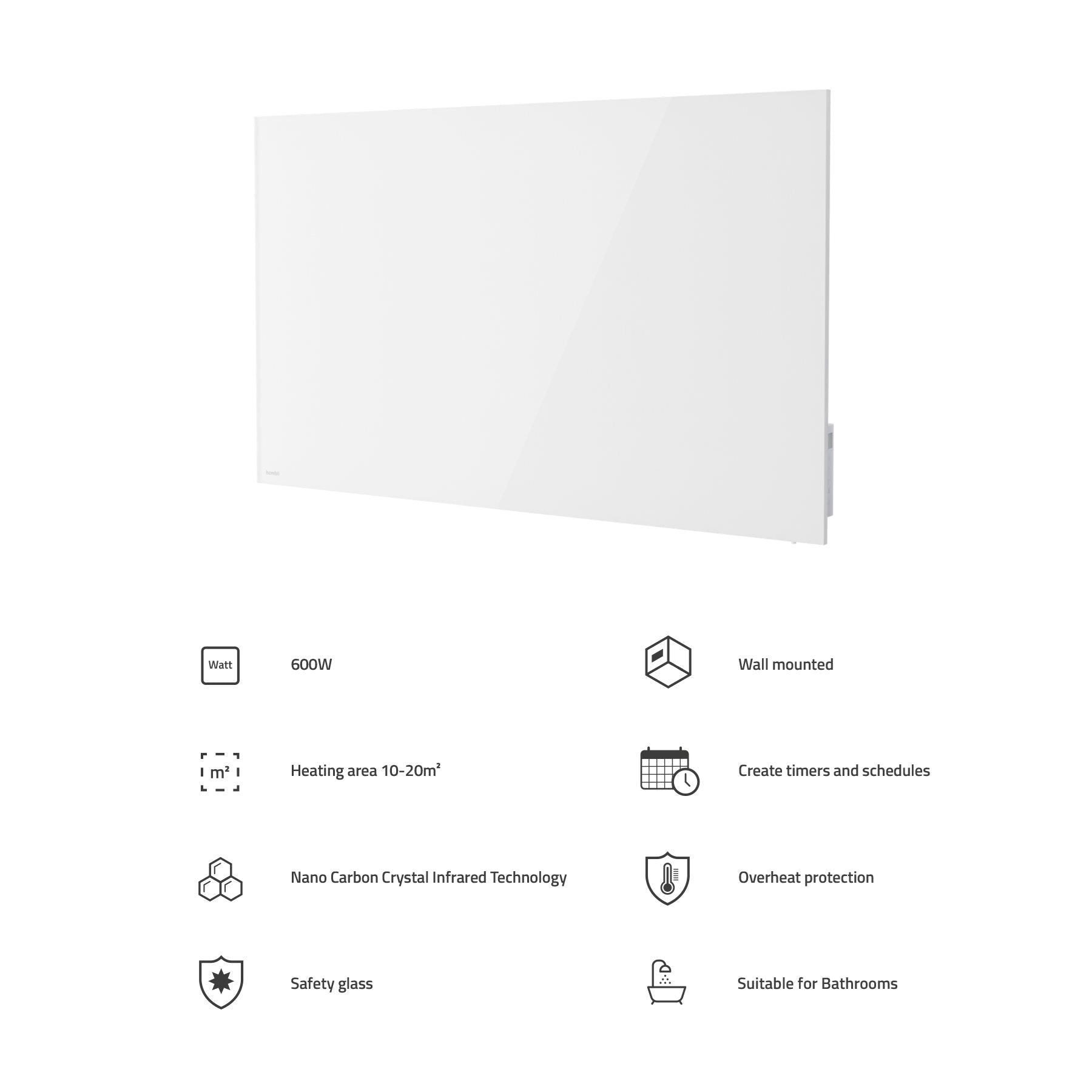 Hombli Smart Infrared Panel Heater - 600W White Glass, Ansicht 4
