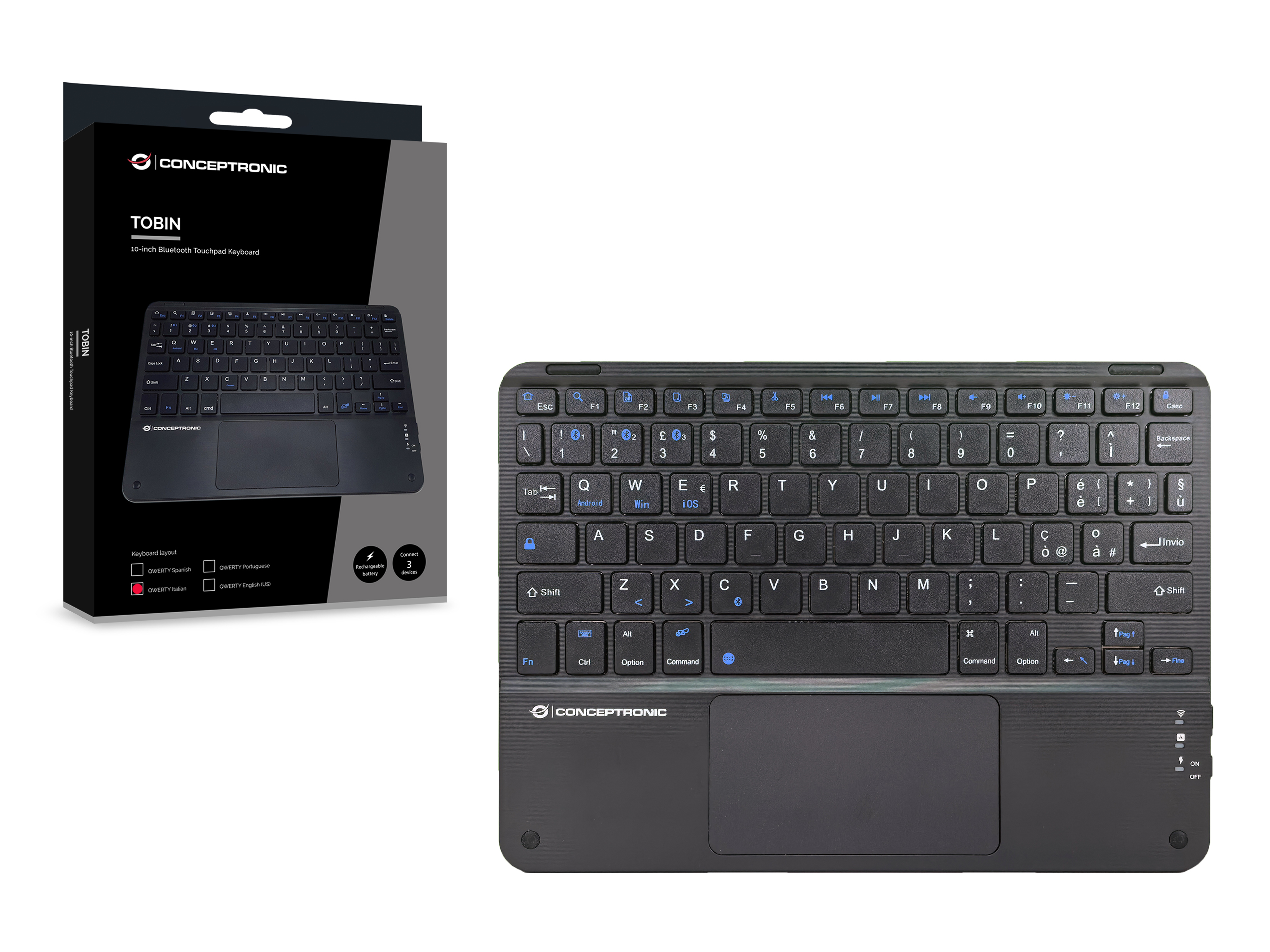 Conceptronic Wireless Tastatur 10 schwarz - Tastatur - TL: Italienisch, QWERTY, Ansicht 3