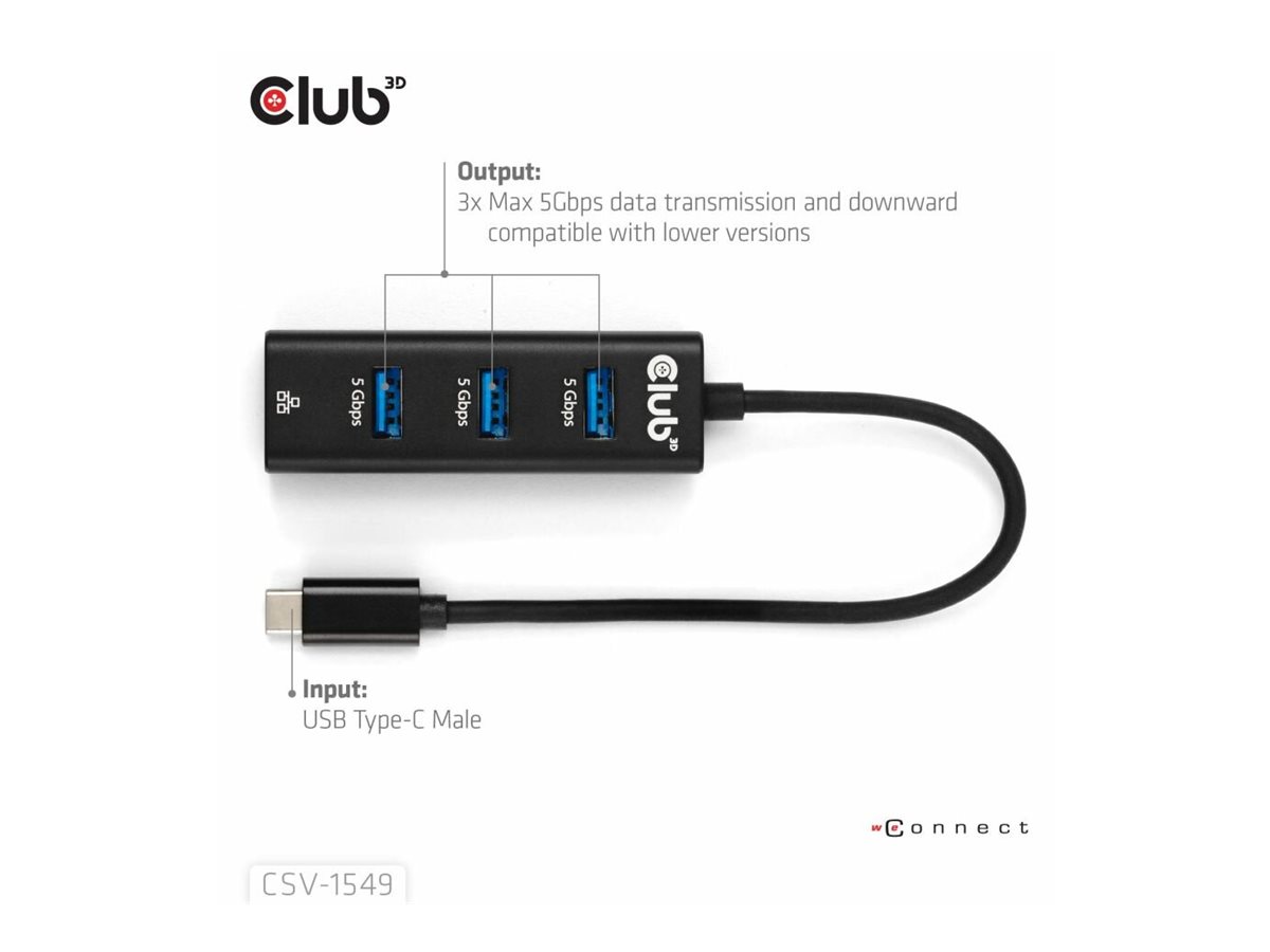 Club 3D CSV-1549 - Hub - USB Typ-C - 3 x USB 3.2 Gen1 + 1 x 10/100/1000, Ansicht 4