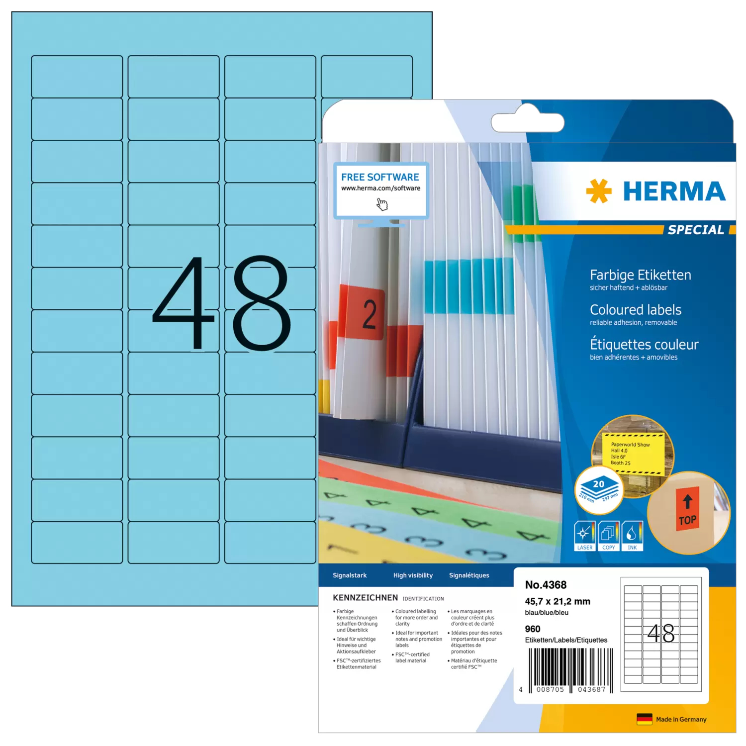 HERMA Special - Papier - matt - permanent selbstklebend - Blau - 45.7 x 21.2 mm 960 Etikett(en) (20 Bogen x 48), Ansicht 4