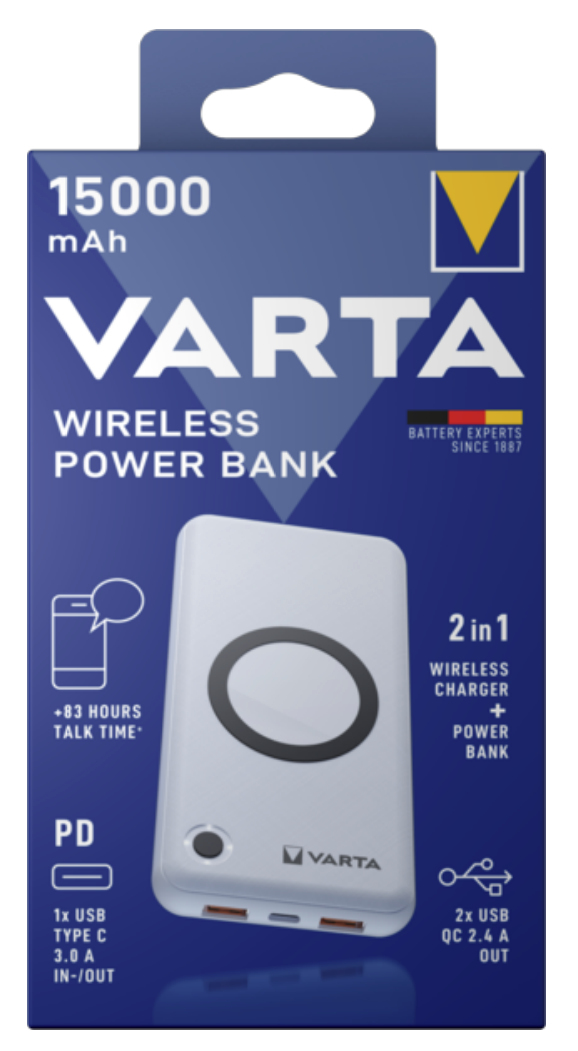 Varta Induktive Power Bank - 2-in-1 - Li-Pol - 15000 mAh - 55.5 Wh - 20 Watt - 3 A - PD, QC 3.0, Ansicht 2