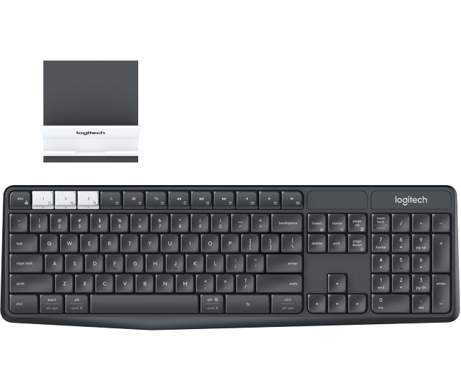 Logitech K375s Multi-Device Wireless Keyboard and Stand Combo, Volle Größe (100%), Kabellos, RF Wireless + Bluetooth, Mechanischer Switch, QWERTZ, Graphit, Weiß