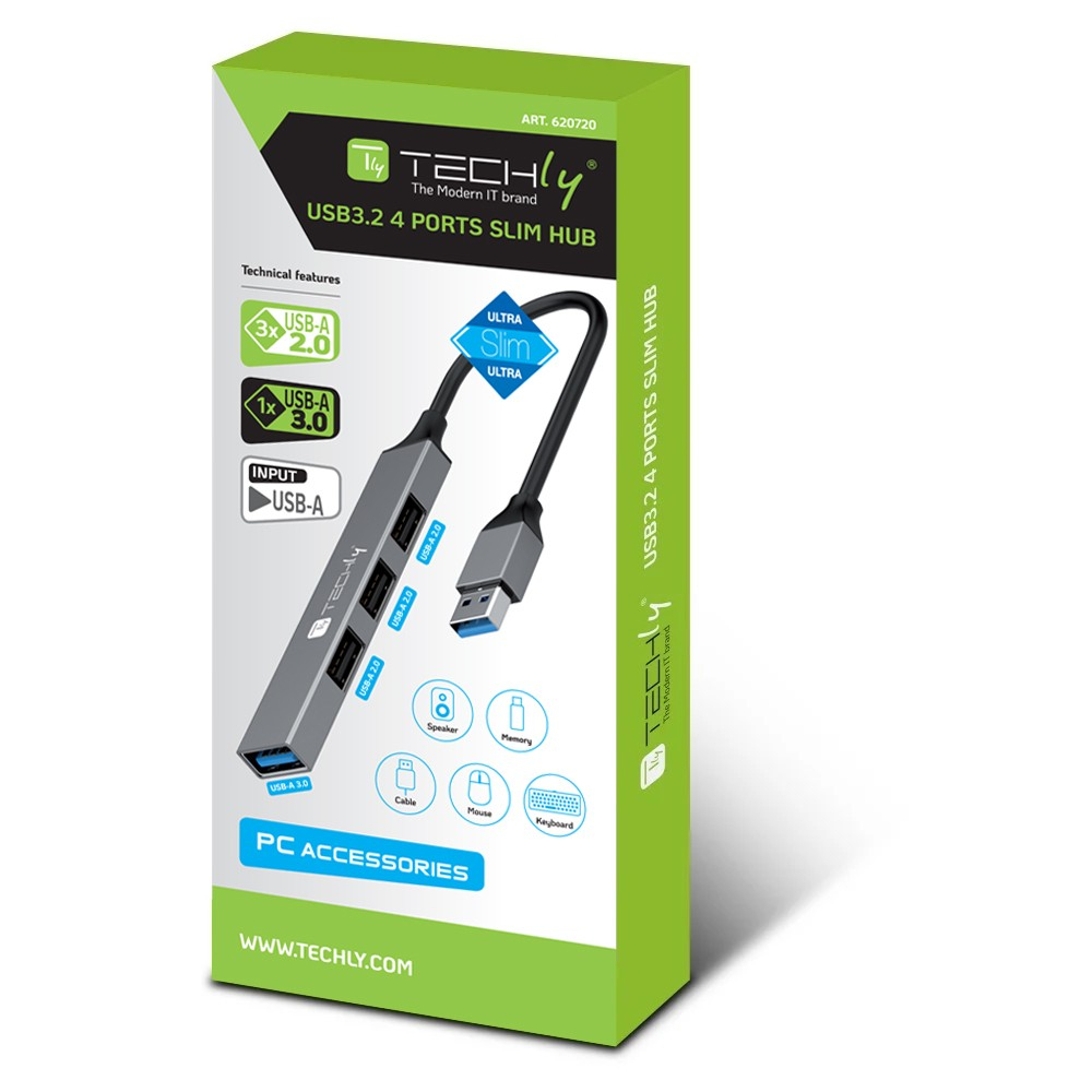 Techly USB-A 3.2 Hub mit 4 schlanken USB-A-Ports aus Metall, Ansicht 2