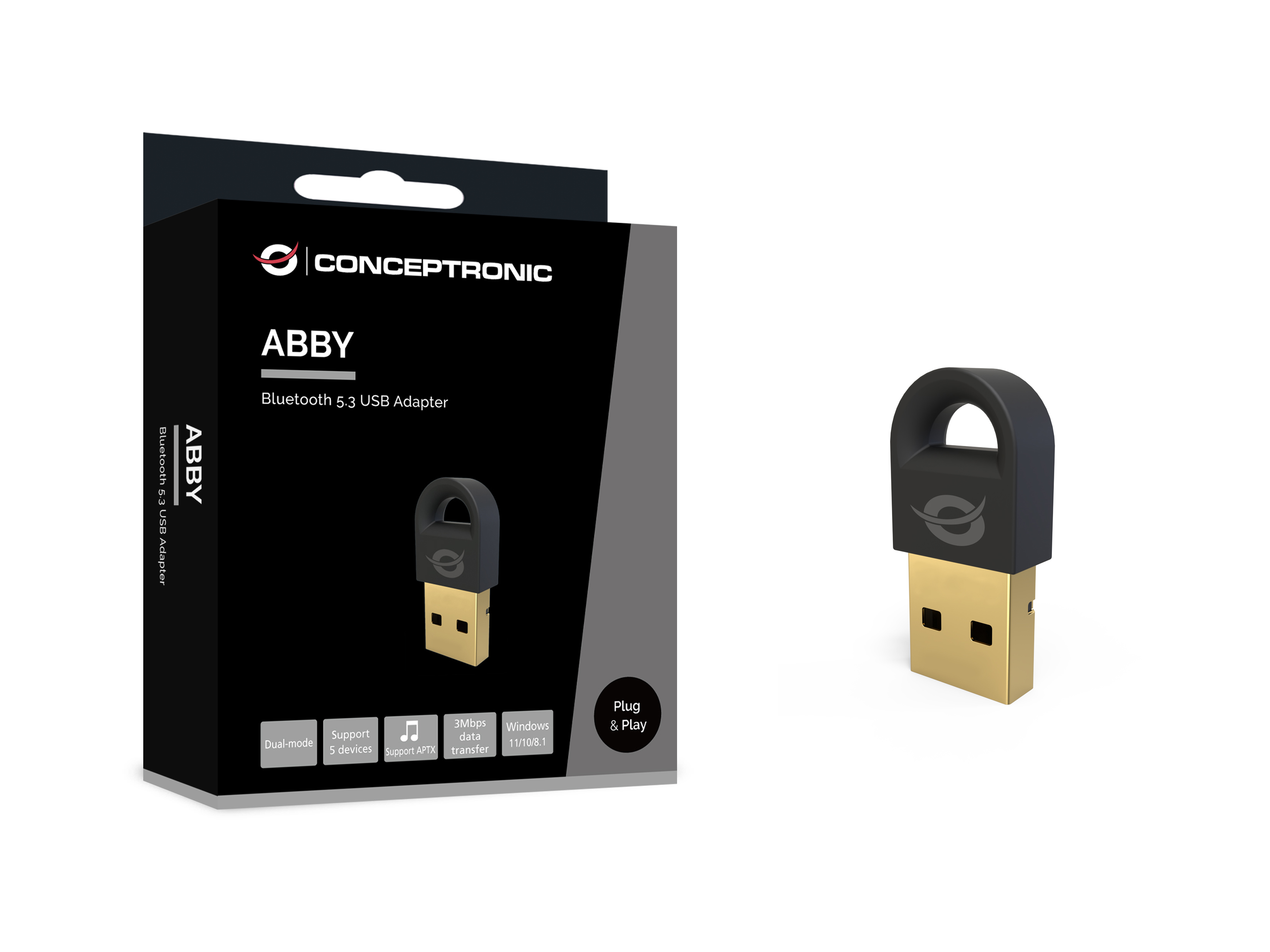 Conceptronic ABBY16B Bluetooth-V5.3-USB-Adapter - Kabellos - USB - Bluetooth - 3 Mbit/s - Schwarz, Ansicht 2