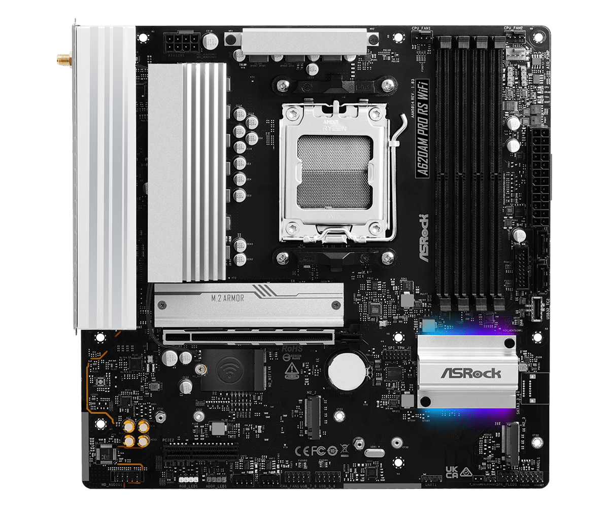 ASRock A620AM PRO RS WIFI - Motherboard - micro ATX - Socket AM5 - AMD A620A Chipsatz - 2.5 GB LAN, Wi-Fi, Bluetooth, Ansicht 2