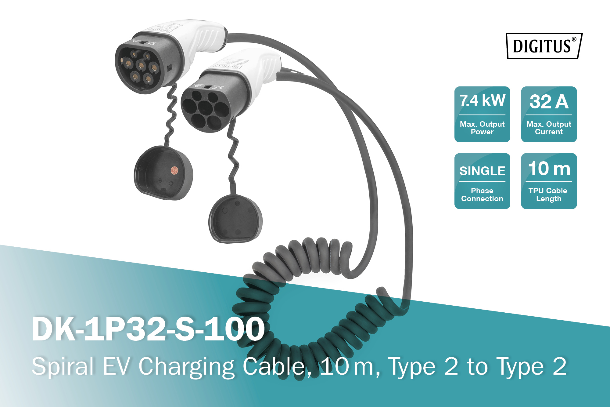 DIGITUS KFZ-Spiral-Ladekabel für Elektroautos & PHEV  10 m  Typ 2  Mode 3  1-Phasig  32 A  7,4 kW  Schwarz, Ansicht 4
