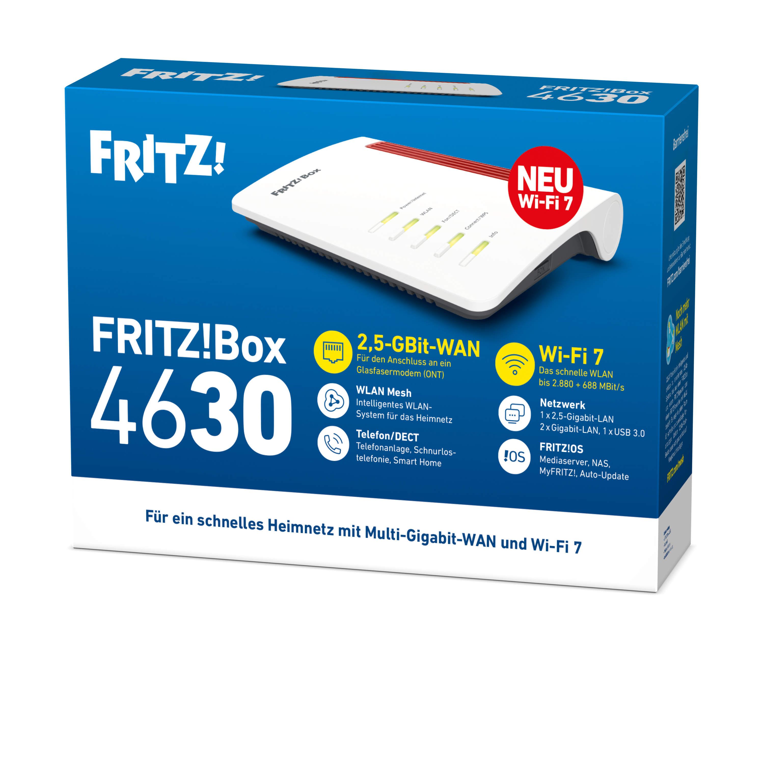 FRITZ! Box 4630 - Wi-Fi 7 (802.11be), Dual-Band (2,4 GHz/5 GHz), Ethernet/LAN, Weiß, Tabletop-Router, Ansicht 2