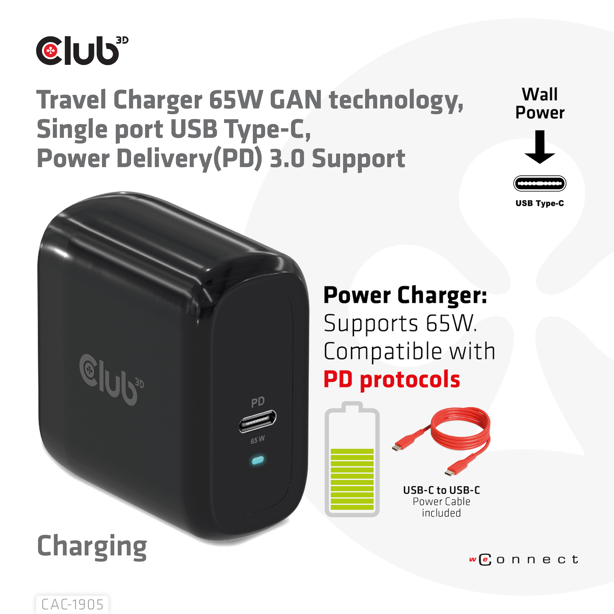 Club 3D Reiseladegerät 1xUSB Typ C PD 65W retail, Ansicht 3