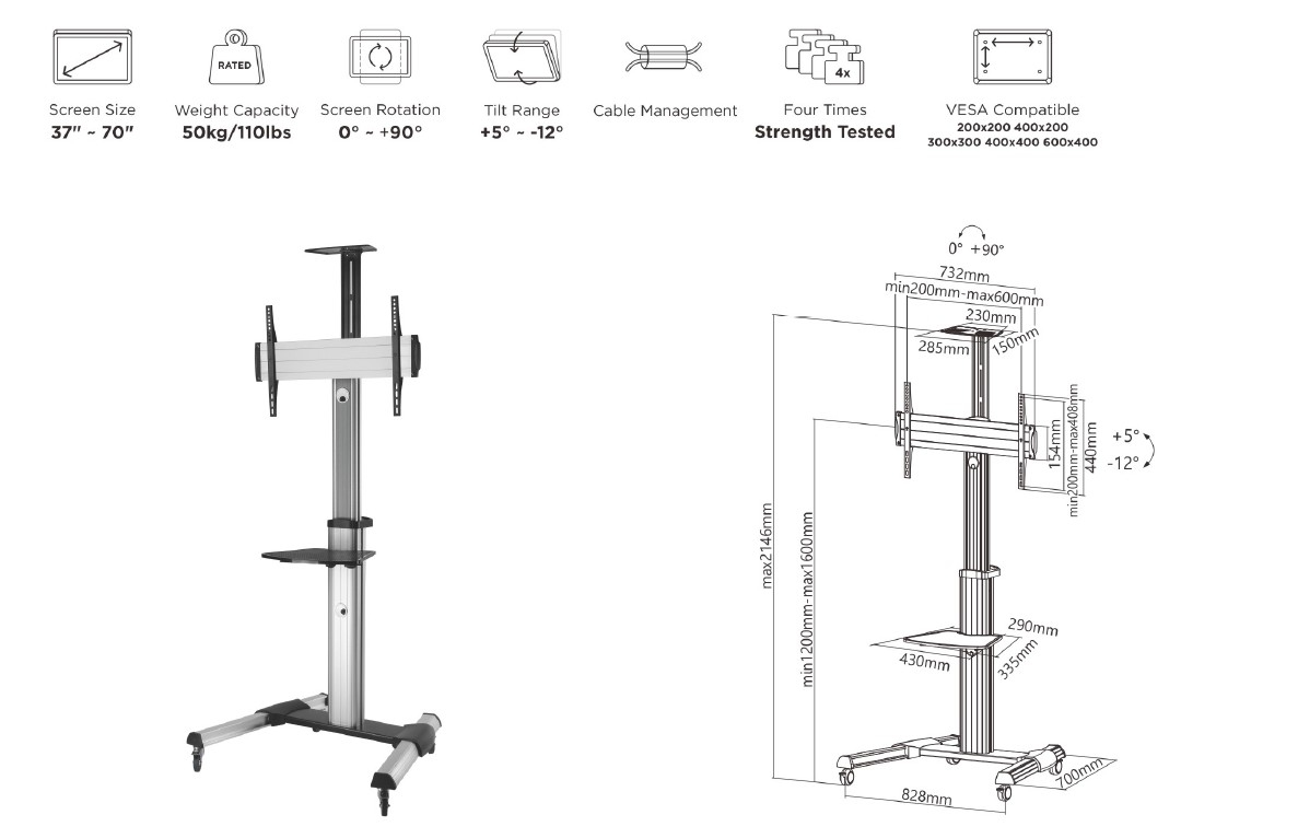 Equip Wagen für flat panel / AV equipment - Aluminium - Bildschirmgröße: 94-177.8 cm (37-70), Ansicht 4