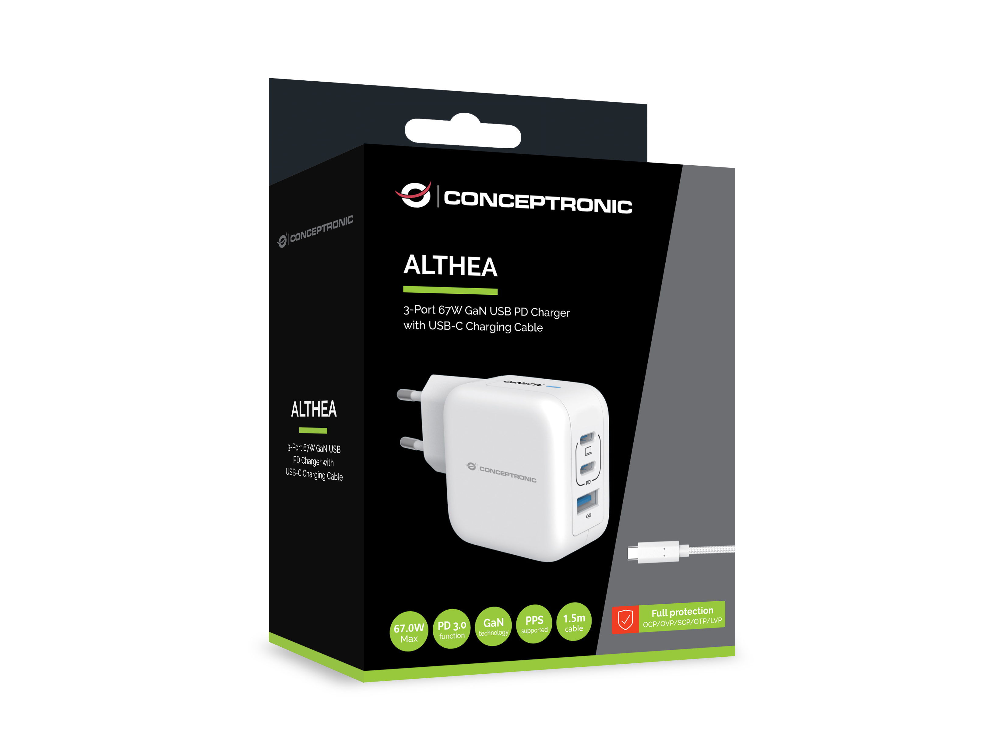 Conceptronic Ladegerät 3Port 67W 2xUSB-C 1xUSB-a+3-in-1 ws, Ansicht 2