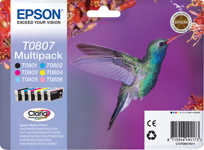 Epson Hummingbird Multipack 6 Farben T0807 Claria Photographic Ink, 1 Stück(e), Multipack