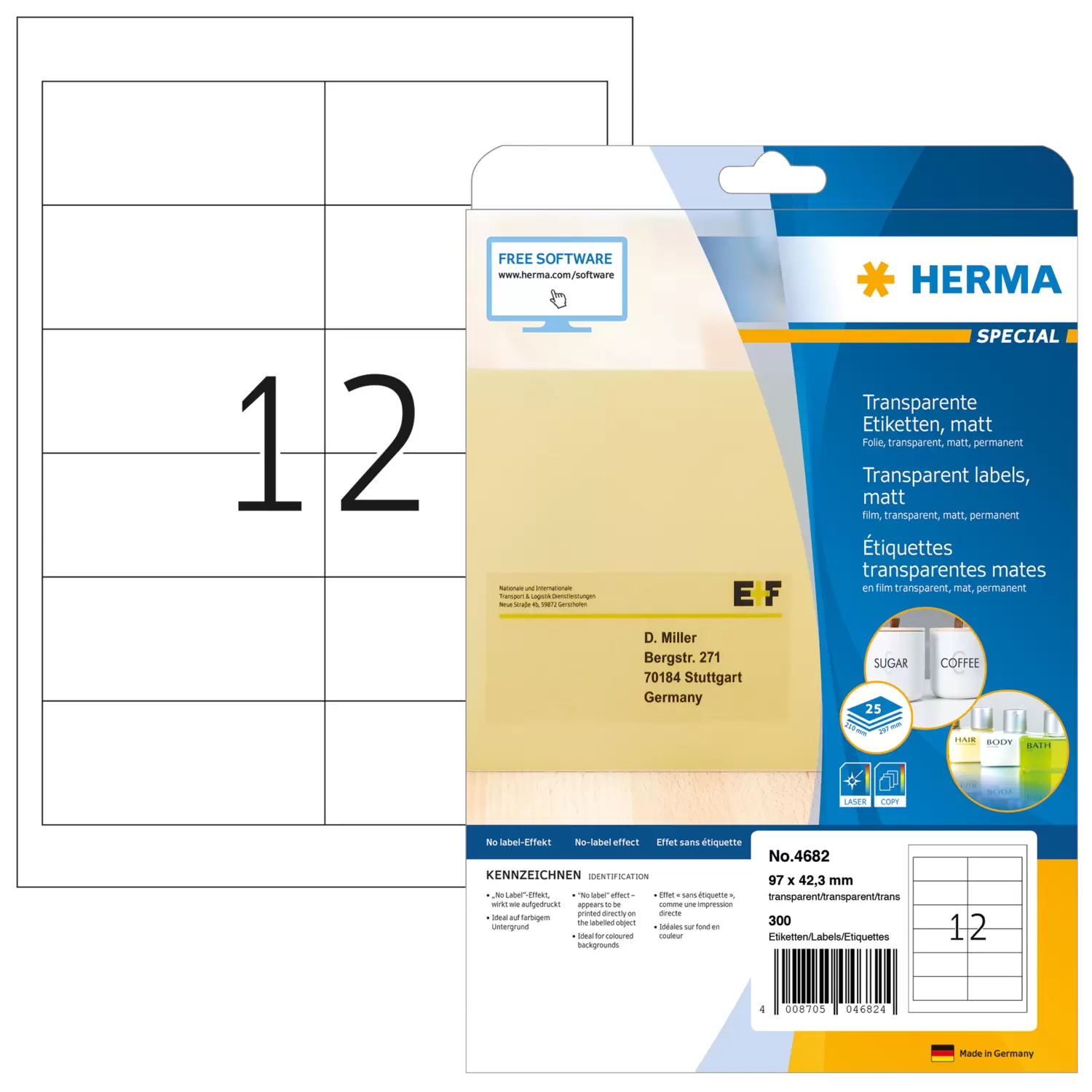 HERMA Special - Matt - permanent selbstklebend - durchsichtig - 97 x 42.3 mm 300 Etikett(en) (25 Bogen x 12), Ansicht 4