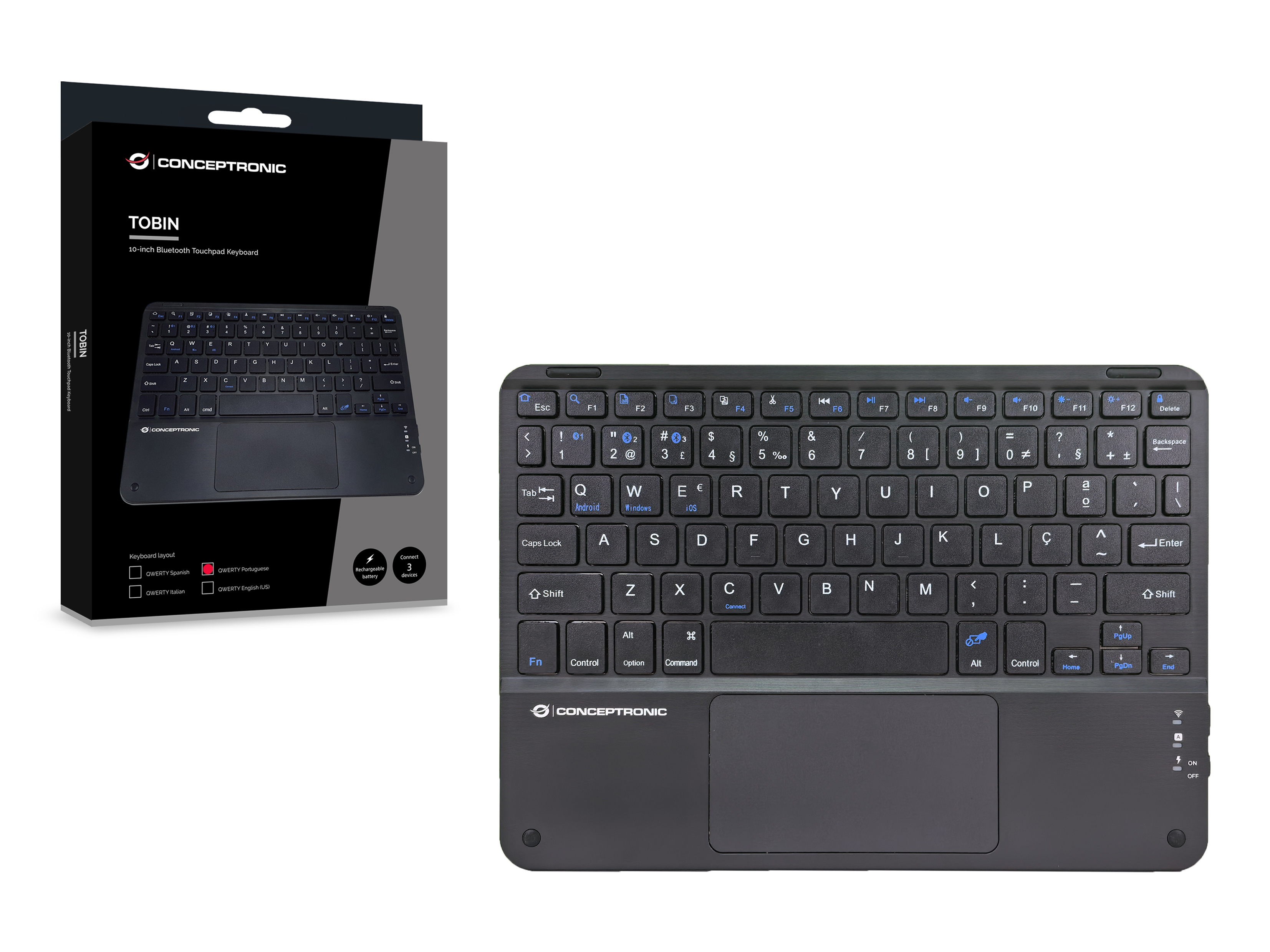 Conceptronic Wireless Tastatur 10 schwarz - Tastatur - TL: Portugiesisch, QWERTY, Ansicht 3