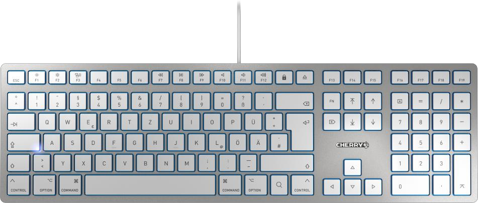 Cherry KC 6000 SLIM für MAC Kabelgebundene Tastatur, Silber/ Weiß, USB (QWERTZ - DE), Volle Größe (100%), Kabelgebunden, USB, QWERTZ, Silber