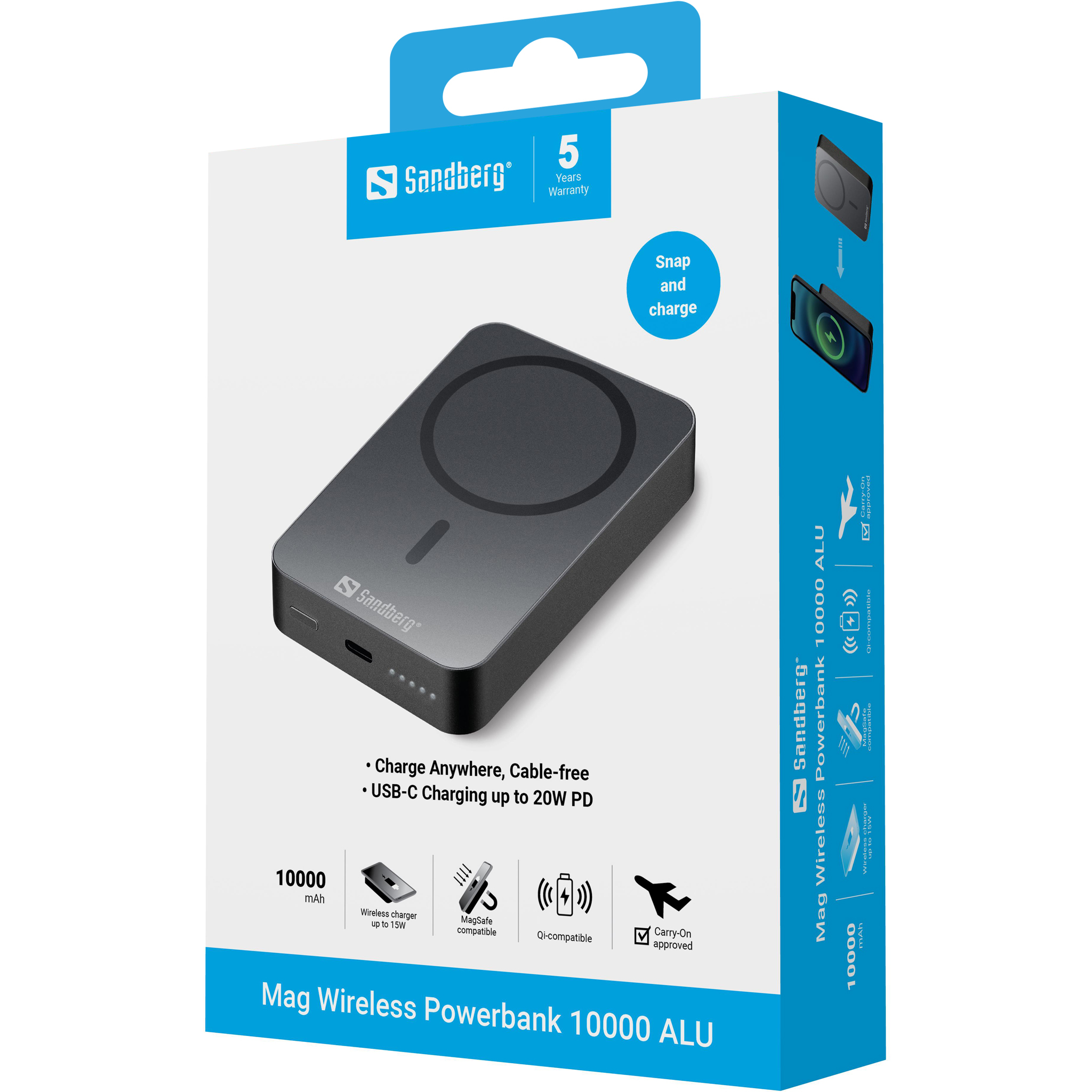 SANDBERG 1000 ALU - Induktive Power Bank - Li - 10000 mAh - 38.5 Wh - 20 Watt - 3 A (24 pin USB-C), Ansicht 2