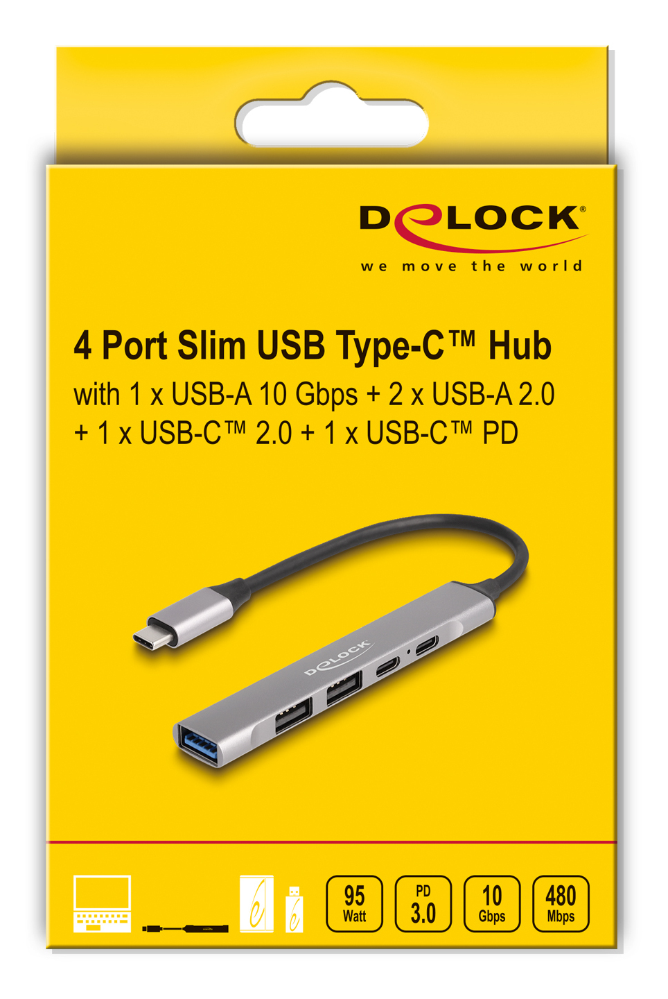 Delock Hub - 1 x USB-C (Power Delivery) + 1 x USB-C + 1 x SuperSpeed USB + 2 x USB-A 2.0, Ansicht 3