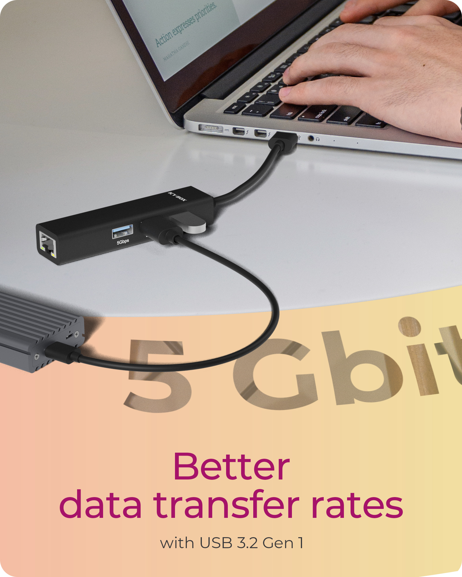 ICY BOX USB Hub 2x USB USB-C and LAN Black, Ansicht 3
