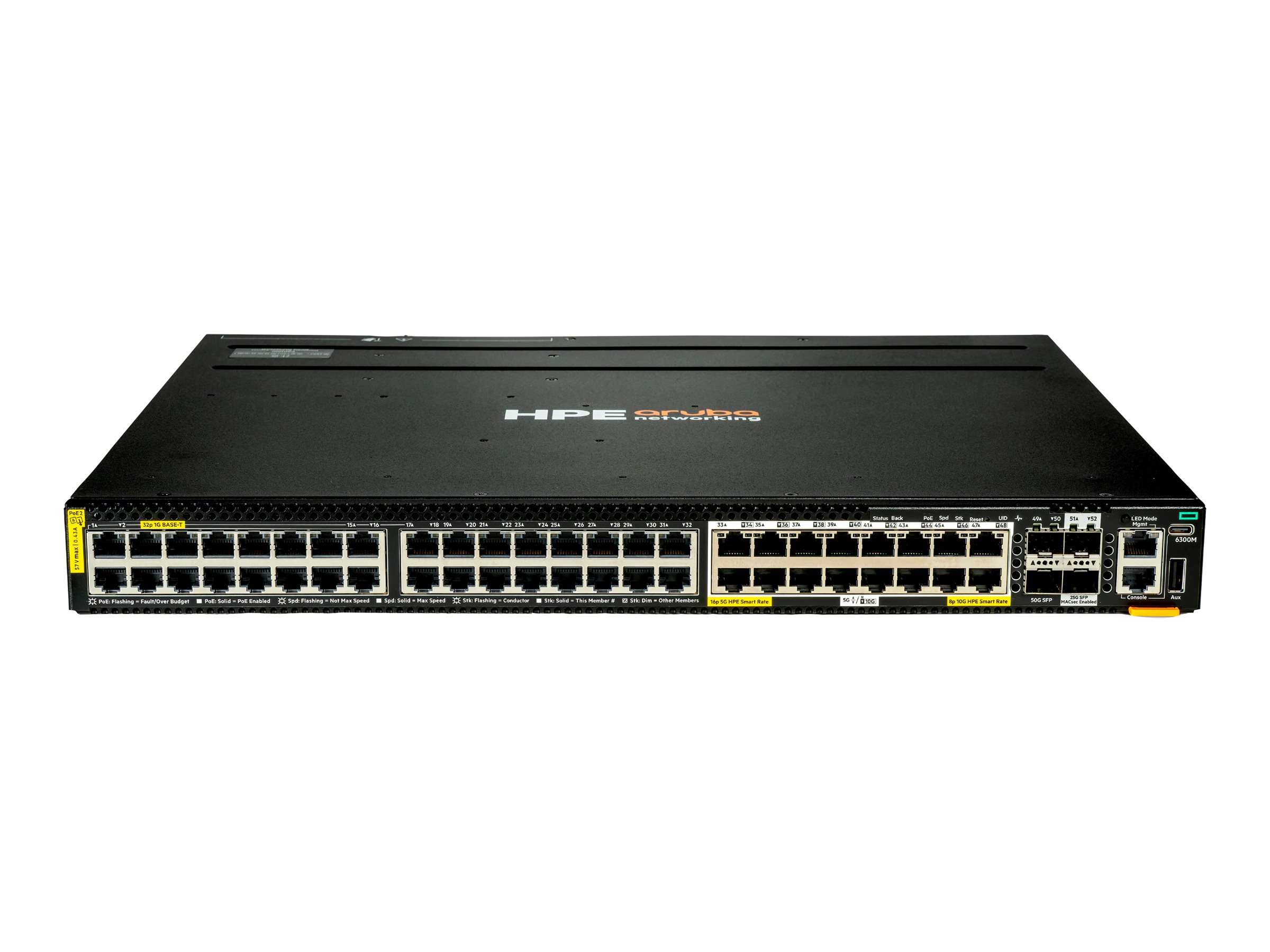 HPE Aruba Networking CX 6300M 32p 1G 16p Smart Rate 5G Class8 PoE 2p SFP56 50G 2p SFP28 25G MACsec Switch - Switch - L3 - managed - 32 x 10/100/1000 (PoE++)