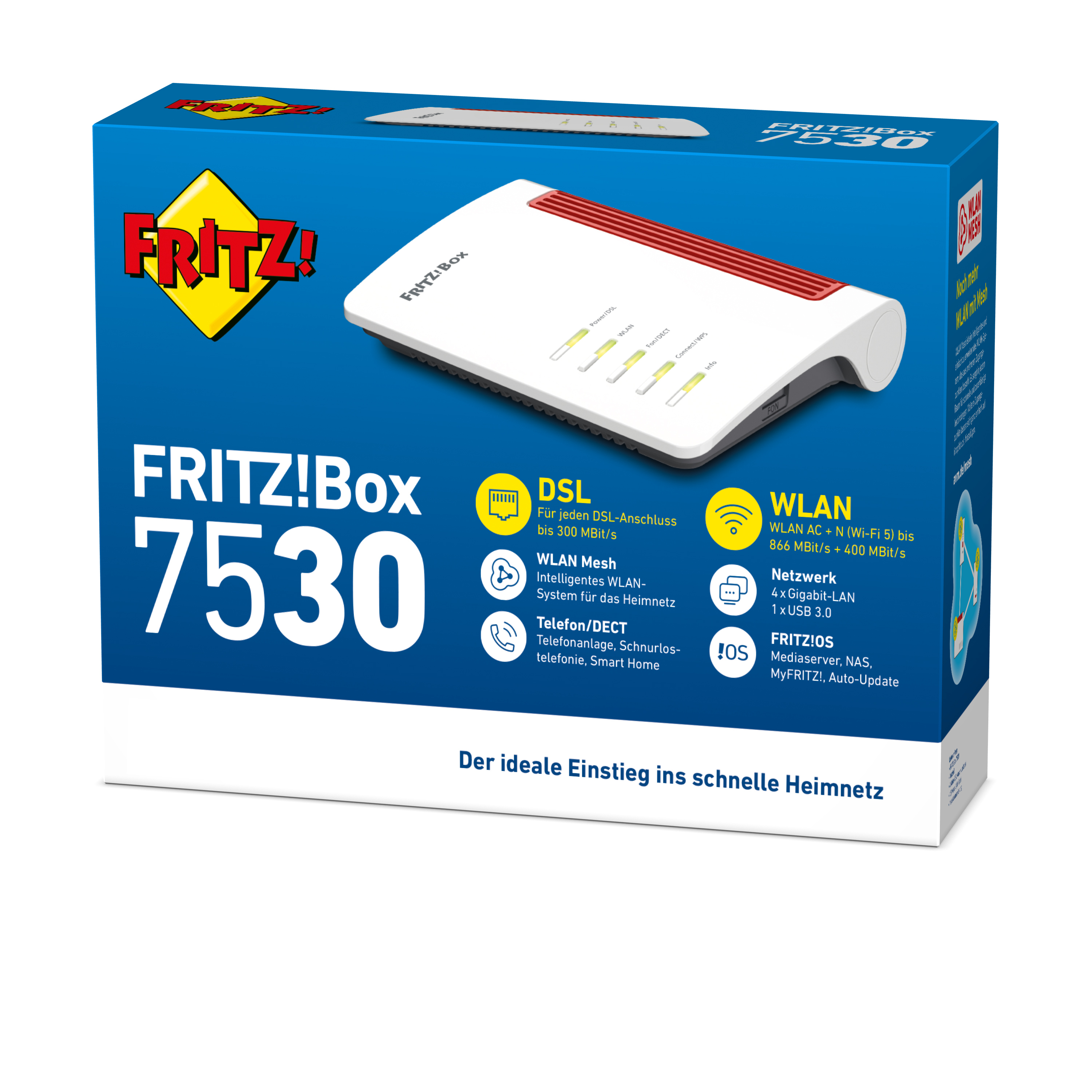 AVM FRITZ!Box 7530 - Wireless Router - DSL-Modem 4-Port-Switch - 1GbE - Wi-Fi 5 - Dual-Band - VoIP-Telefonadapter (DECT), Ansicht 2