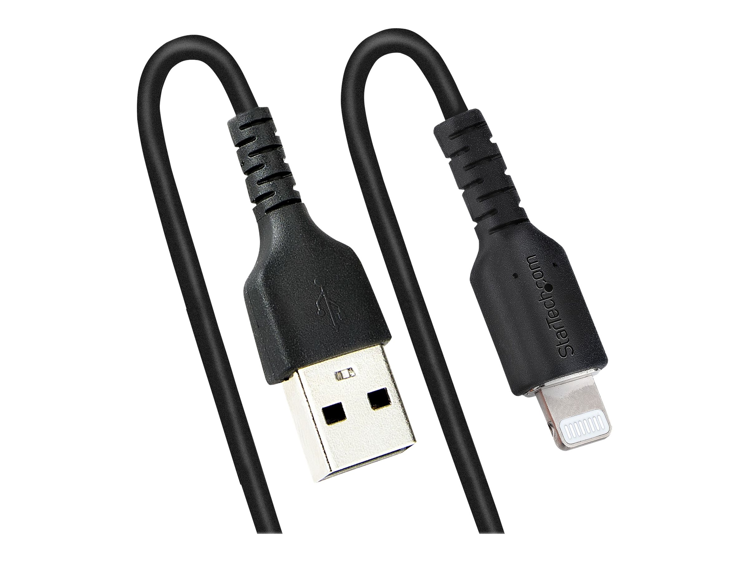 StarTech.com 1m USB auf Lightning Kabel, Spiralkabel, MFi zertifiziert, Schnellladekabel für iPhone/iPad, Schwarz, robuster TPE Mantel mit Aramidfaser, USB 2.0 Kabel (RUSB2ALT1MBC)