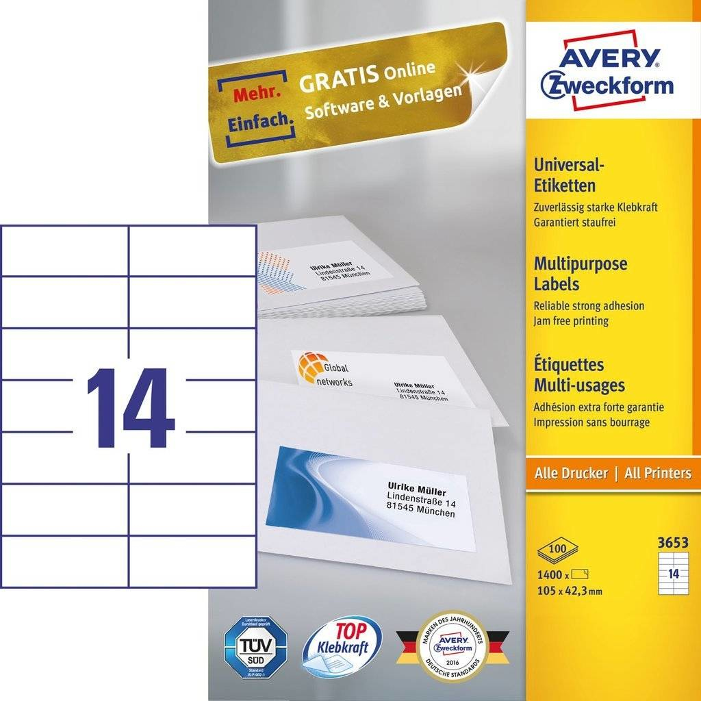 Avery Zweckform Avery - Weiß - 105 x 42.3 mm 1400 Etikett(en) (100 Bogen x 14), Ansicht 2
