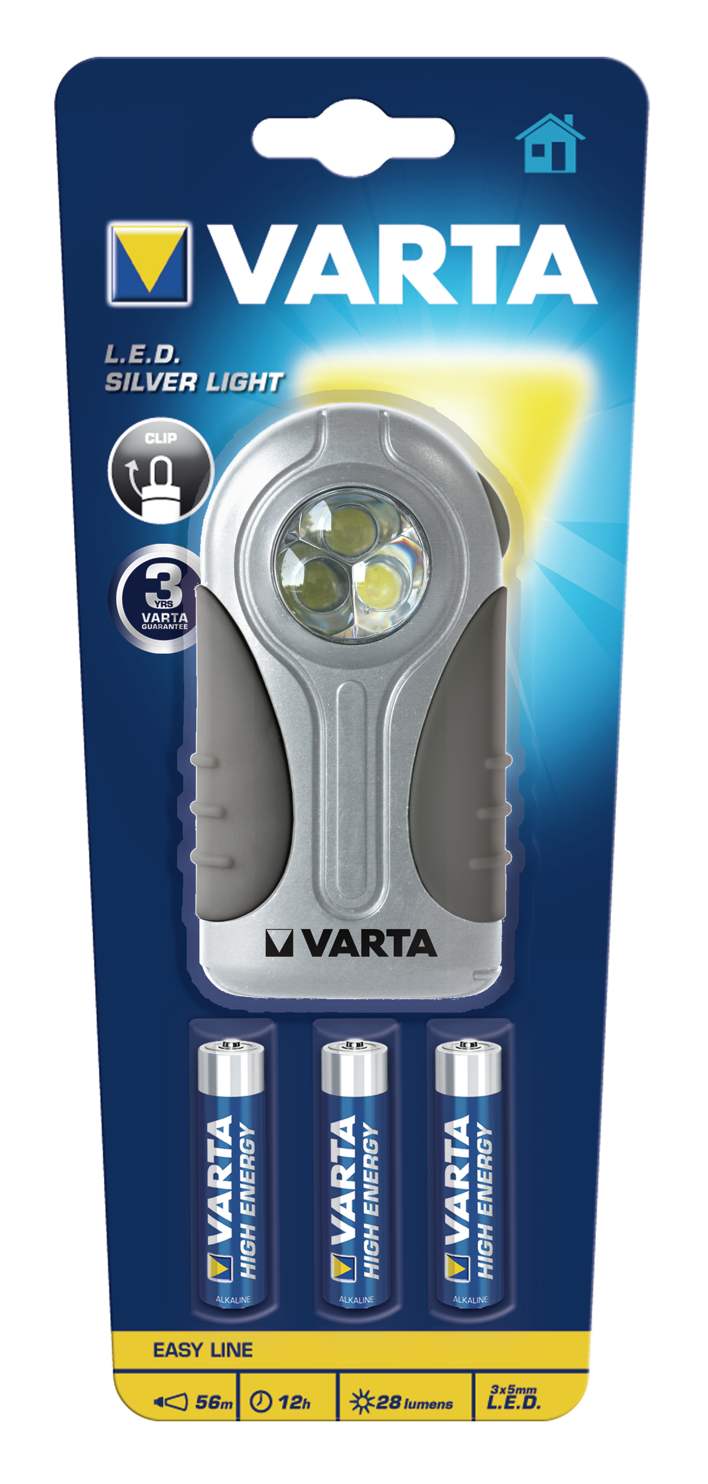 Varta LED Silver Light 3AAA - Universal-Taschenlampe - Kunststoff - Kautschuk - 3 Lampen - 28 lm - 56 m - LED
