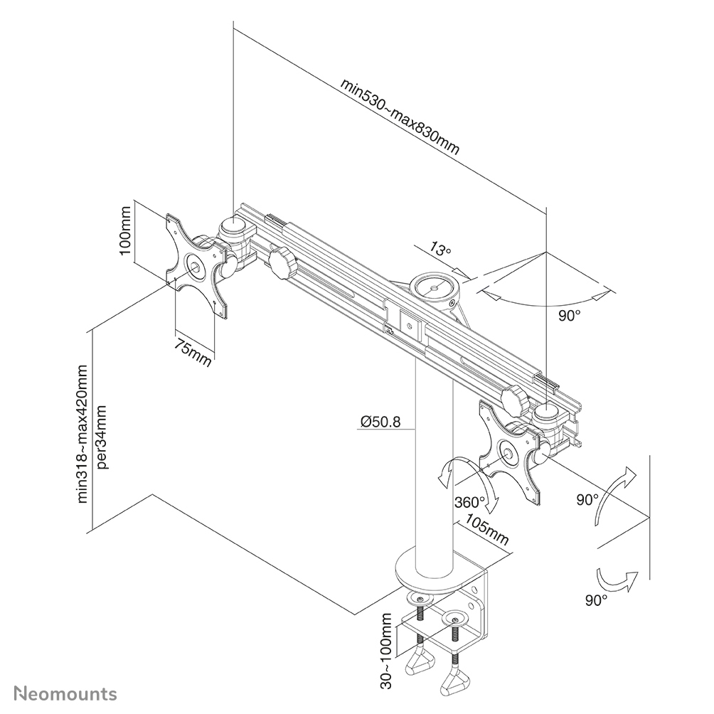 Neomounts by Newstar FPMA-D700D - Befestigungskit - full-motion - für 2 LCD-Displays - Schwarz, Ansicht 4