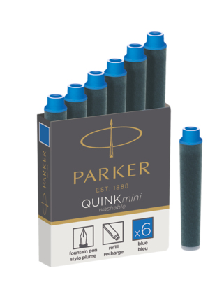 Parker | QUINK Mini-Tintenpatronen Blau auswaschbar und löschbar auf Papier | in einer Schachtel (6) 