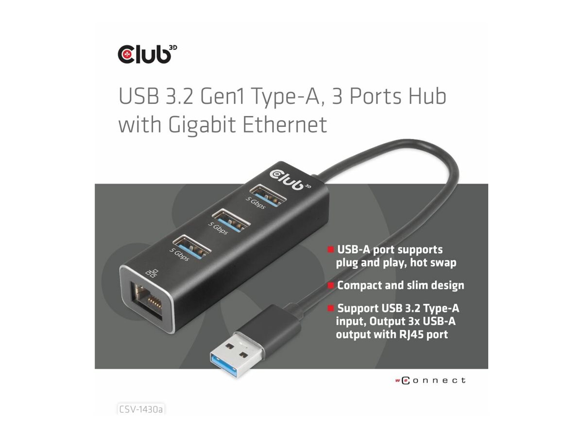 Club 3D CSV-1430a - Kabelgebunden - USB 3.2 Gen 1 (3.1 Gen 1) Type-A - 1000 Mbit/s - Schwarz - USB - USB Typ-C, Ansicht 2