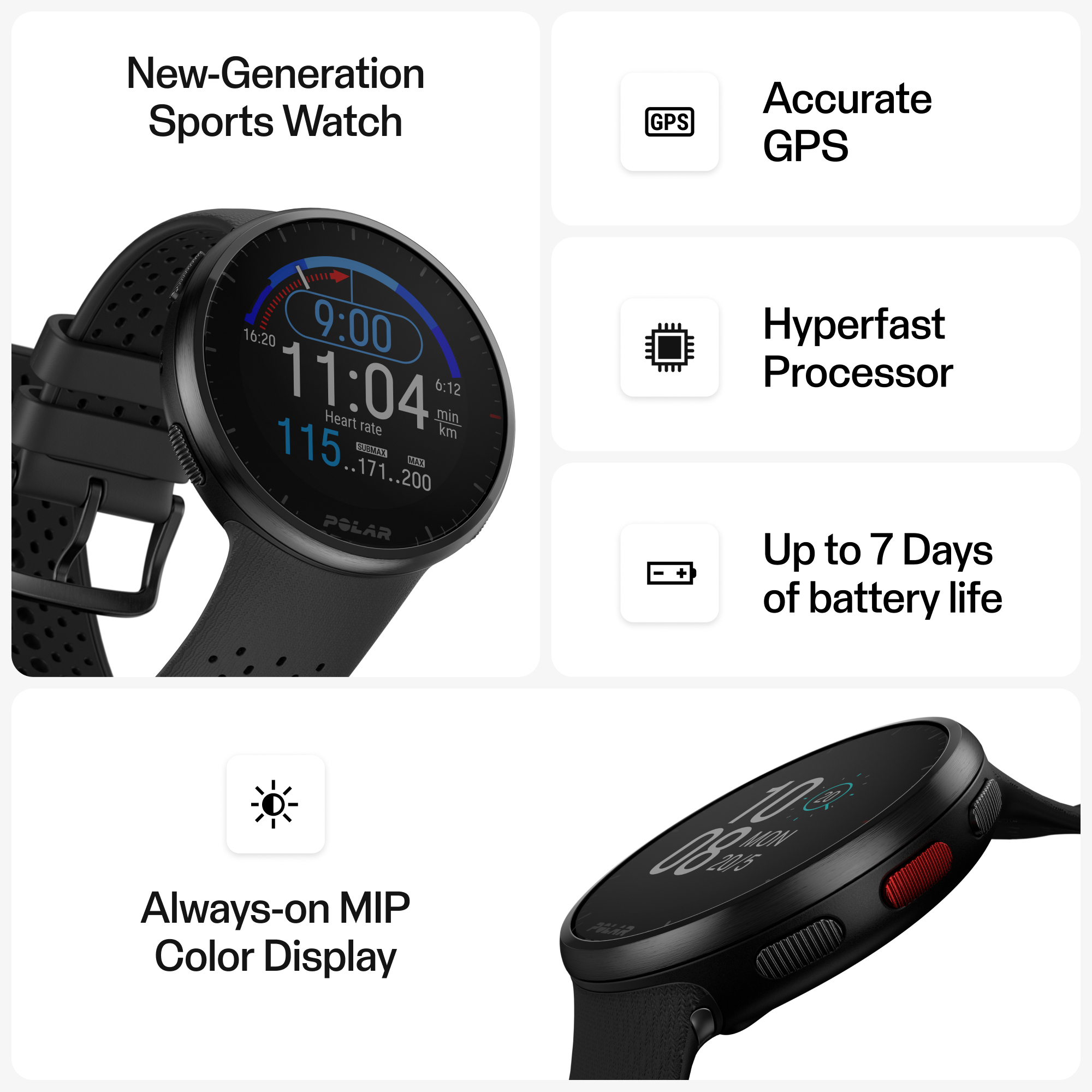 POLAR Pacer Pro - Carbon Gray - intelligente Uhr mit Band - grau - Bandgröße: S/L - Anzeige 3 cm (1.2), Ansicht 3