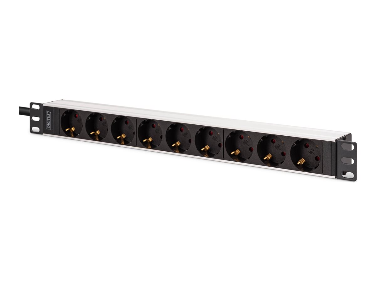 DIGITUS Steckdosenleiste mit Aluminiumprofil, 9-fach Schutzkontaktsteckdose, 2 m Zuleitung, IEC C20 Stecker