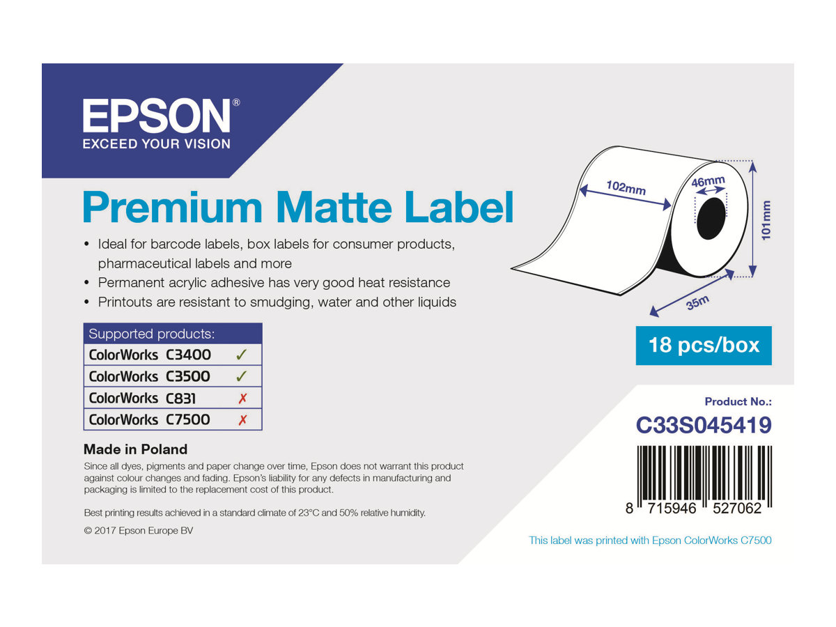 Epson Premium - Matt - Rolle (102 cm x 35 m) 1 Rolle(n) Etiketten-Endlospapier - für Epson TM-C3400-LT ColorWorks CW-C4000E (BK)