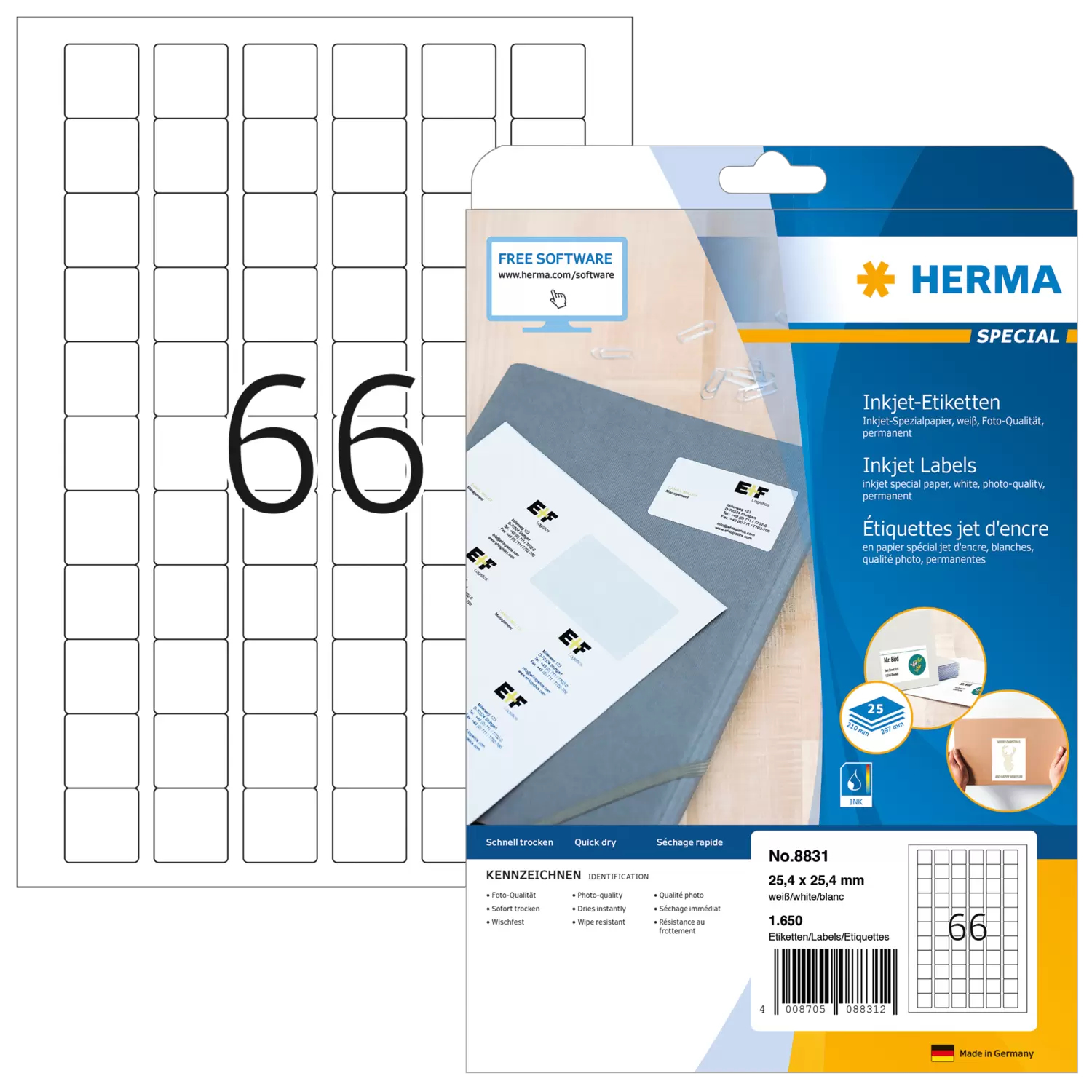 HERMA Special - Papier - matt - permanent selbstklebend - beschichtet - weiß - 25.4 x 25.4 mm - 90 g/m² - 1650 Etiketten, Ansicht 4