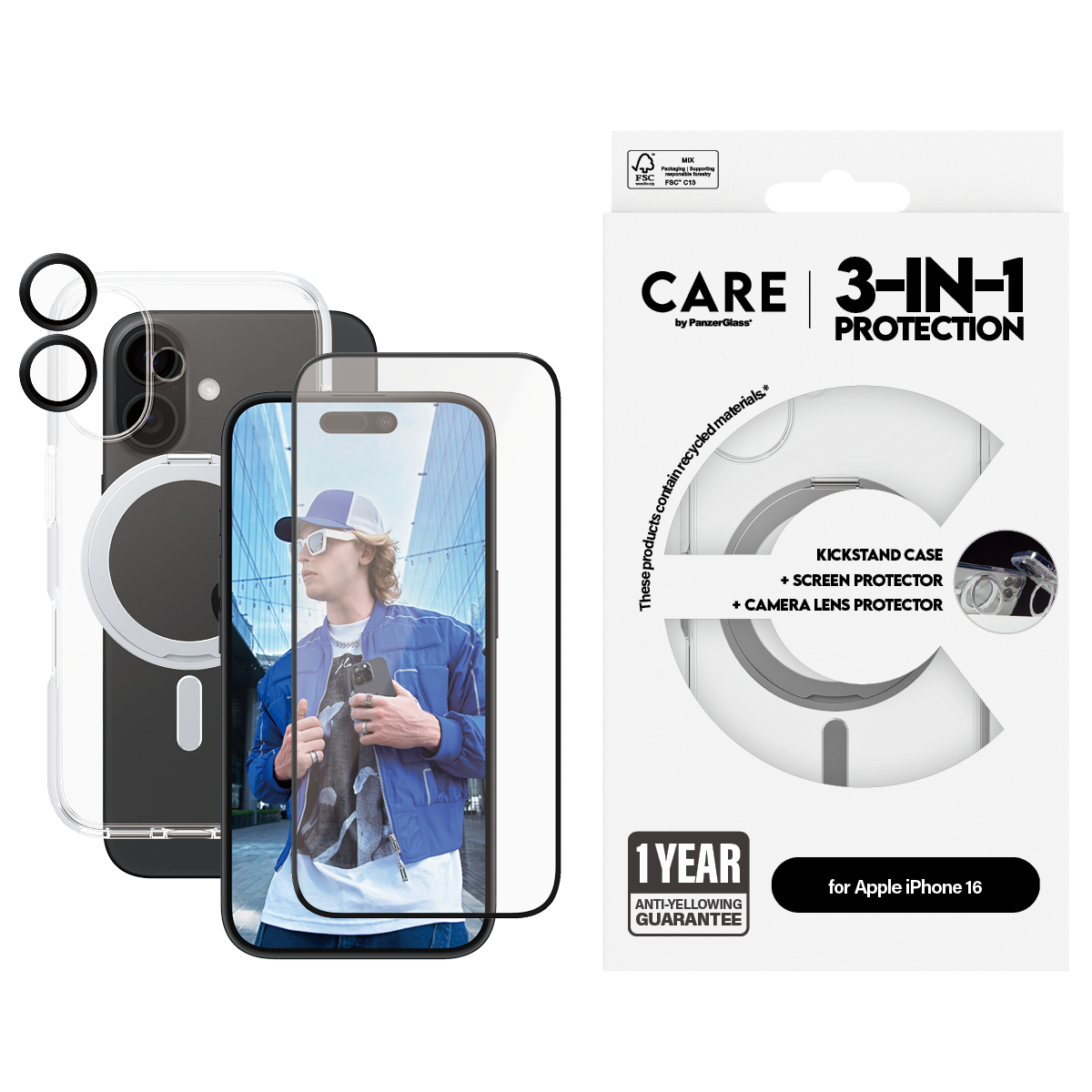 PanzerGlass CARE by PanzerGlass - 3-in-1 Schutzpacket - hintere Abdeckung für Apple iPhone 16 - Keramik - MagSafe, Ansicht 4