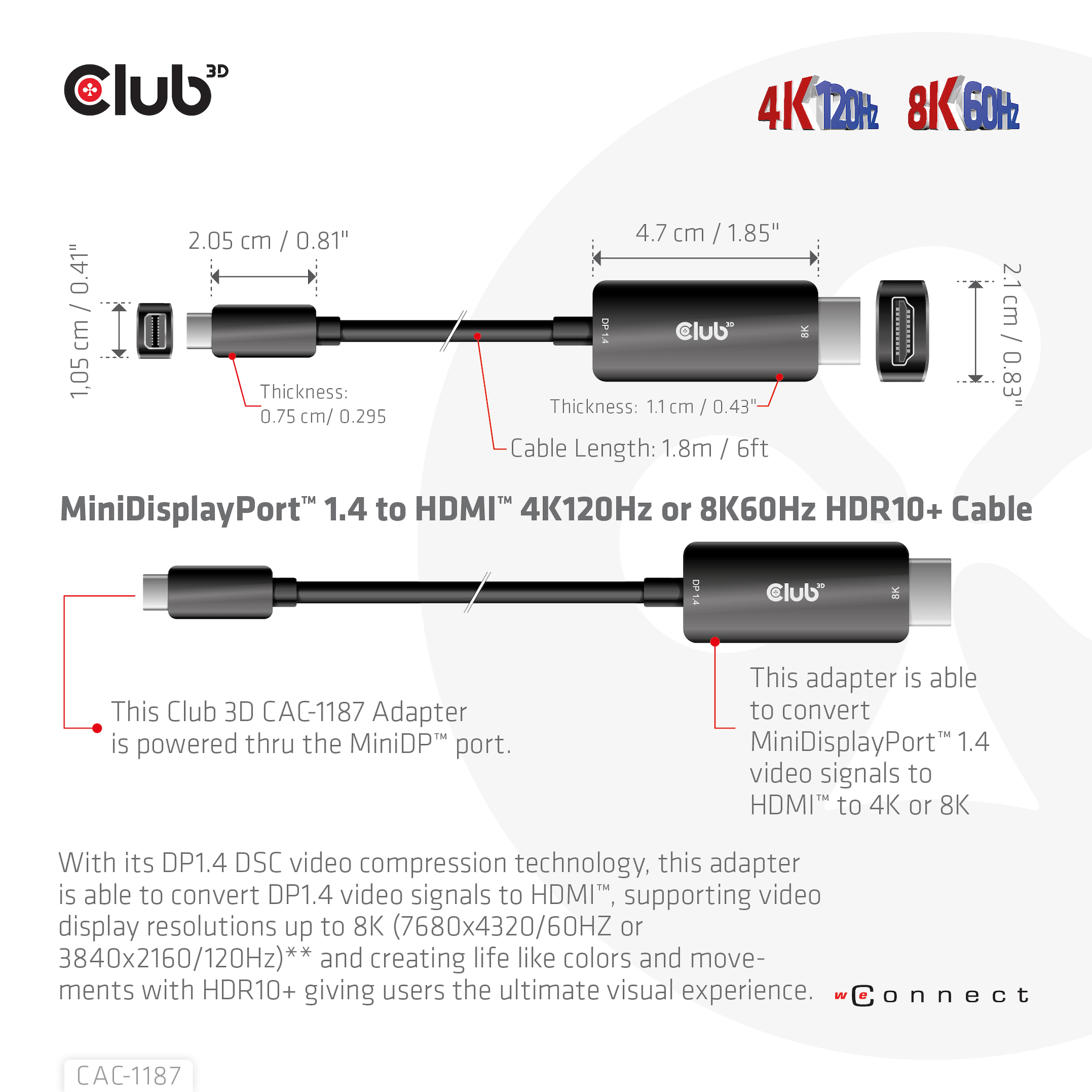 Club 3D CAC-1187 - Adapterkabel - Mini DisplayPort männlich zu HDMI männlich - 1.8 m - unterstützt 8K 60 Hz(7680 x 4320), Ansicht 3