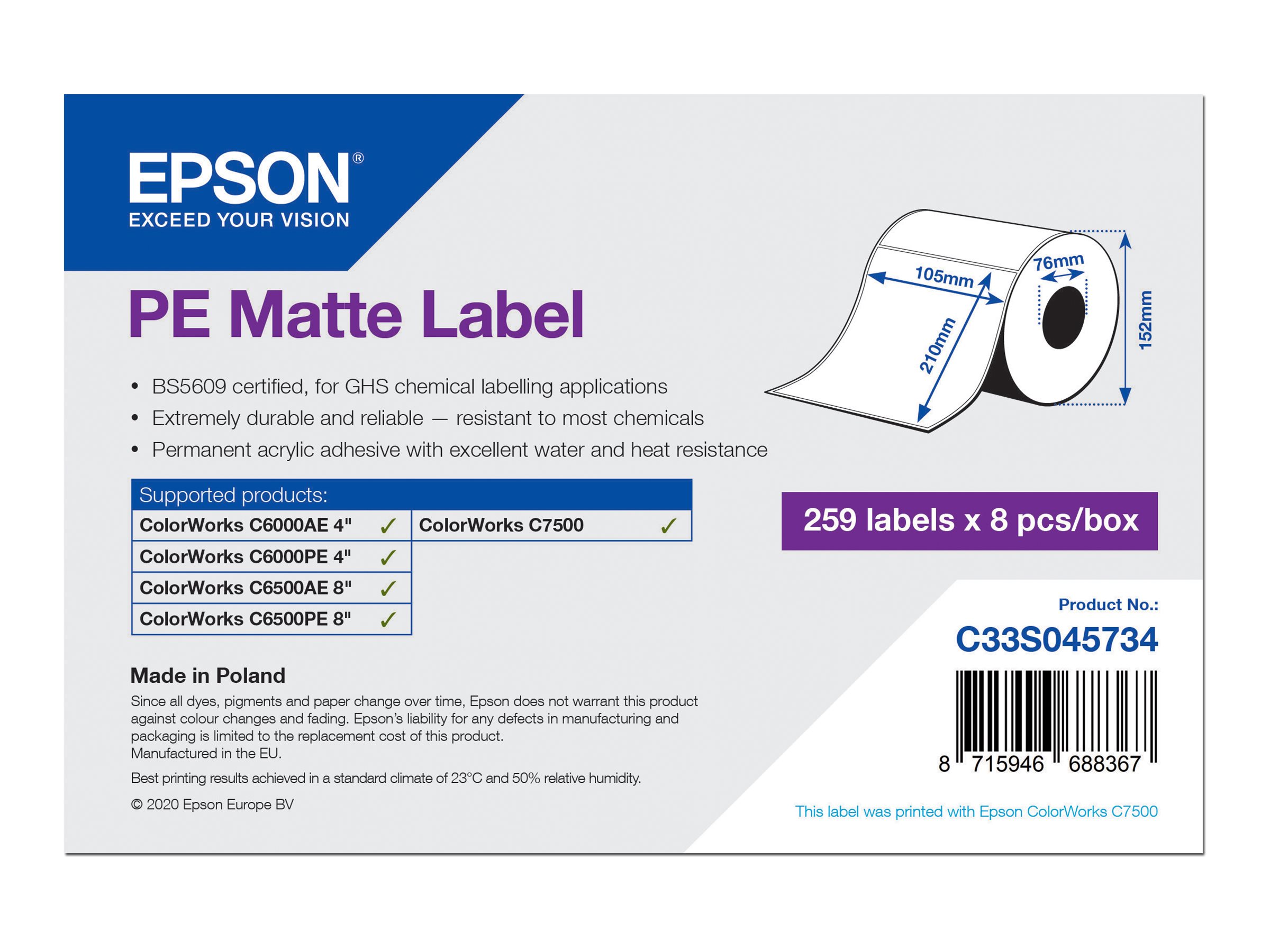 Epson - Matt - 210 x 105 mm 259 Etikett(en) (1 Rolle(n) x 259) gestanzte Etiketten - für ColorWorks CW-C6000Ae, CW-C6000Pe, CW-C6500Ae, CW-C6500Pe