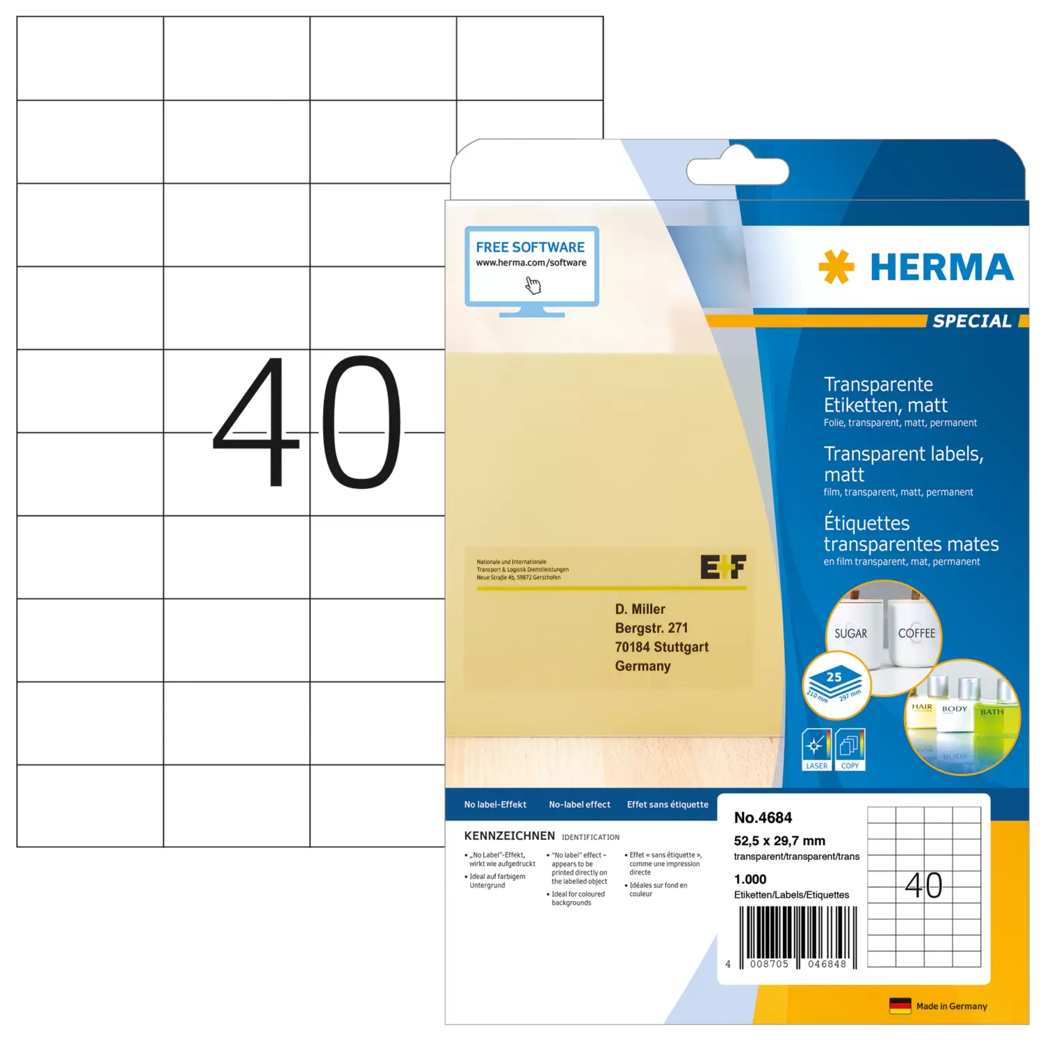 HERMA Special - Matt - permanent selbstklebend - durchsichtig - 52.5 x 29.7 mm 1000 Etikett(en) (25 Bogen x 40), Ansicht 4