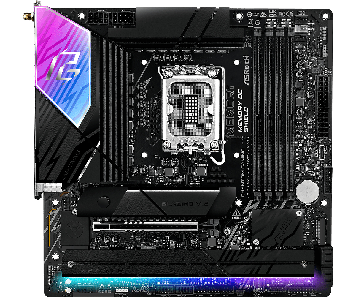 ASRock Phantom Gaming B860M LIGHTNING WIFI - Motherboard - micro ATX - LGA1851-Sockel - Onboard-Grafik(CPU erforderlich), Ansicht 3