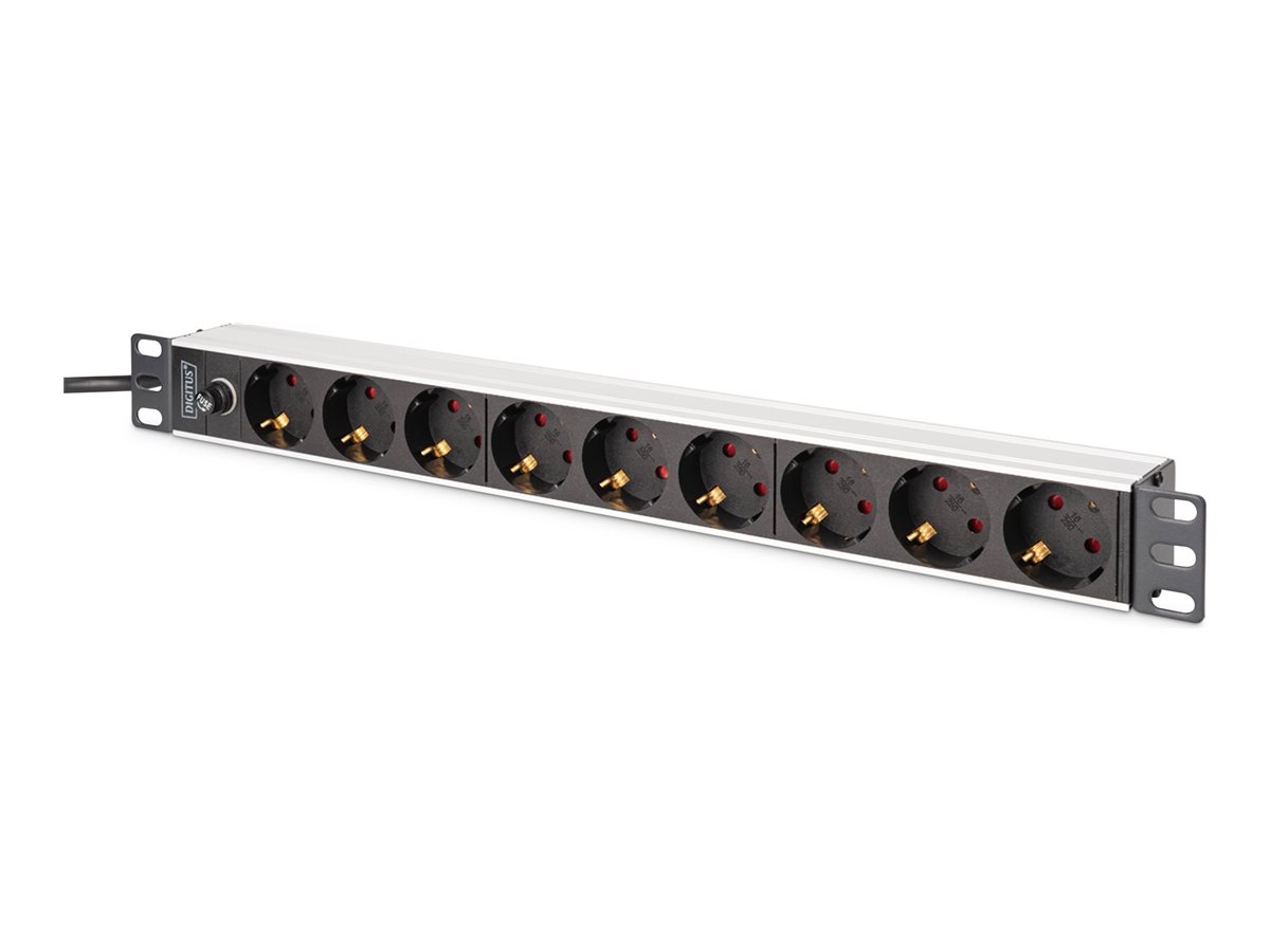 DIGITUS Steckdosenleiste mit Aluminiumprofil und Vorsicherung, 9-fach Schutzkontaktsteckdose, 2 m Zuleitung IEC C14 Stecker