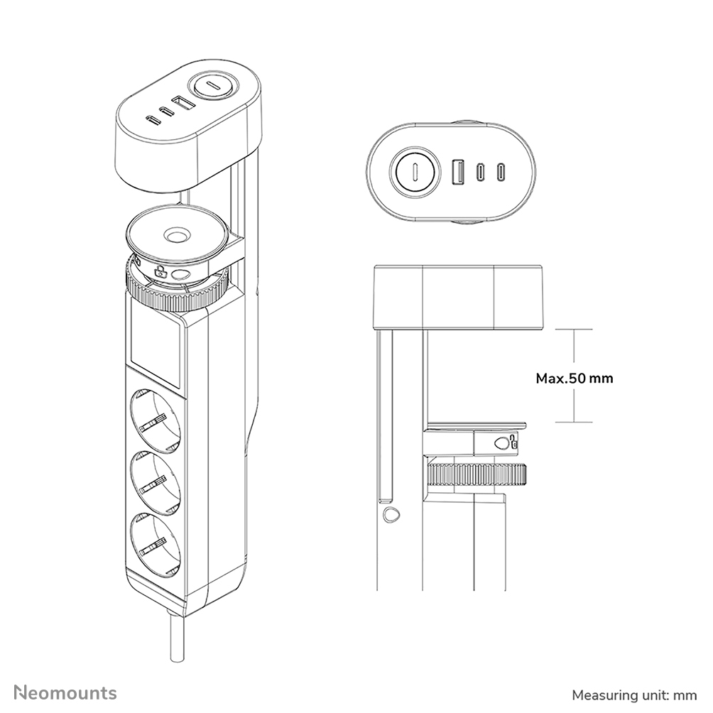 Neomounts Steckdosenleiste - USB-C + USB-A - 230 V - 3680 Watt - Ausgang: 3 (2 x 24-poliger USB-C (PD) - Weiß, Ansicht 2