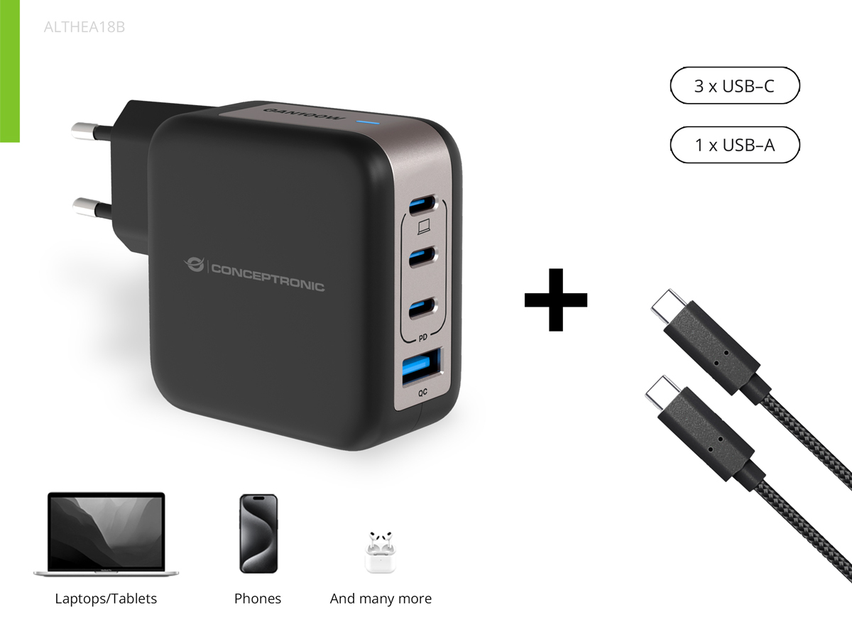 Conceptronic Ladegerät 4Port 100W 3xUSB-C 1xUSB-a 1.5m sw, Ansicht 4