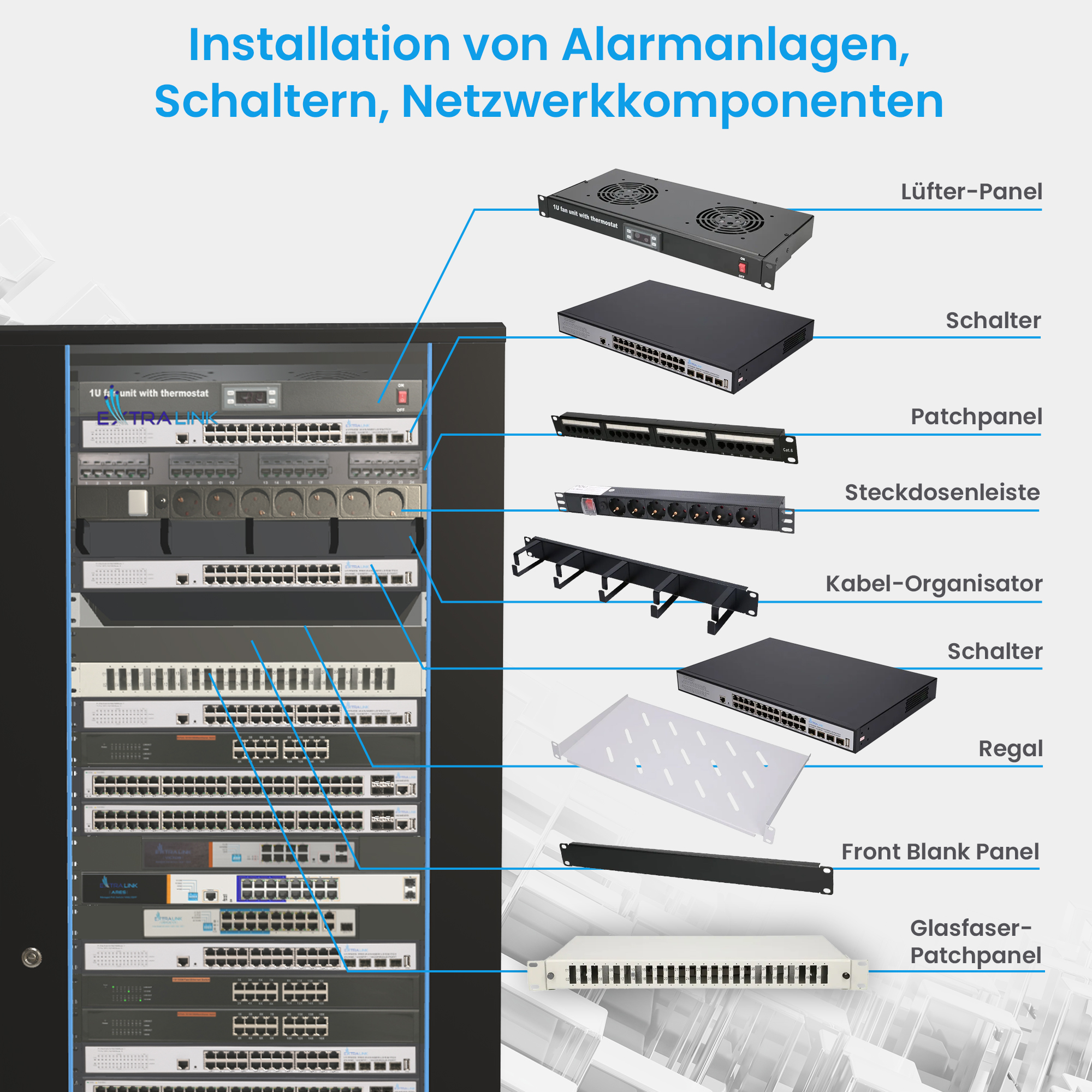 Extralink Rackmount-Schrank 32U 600x600 Schwarz stehend - 600 kg - Sperrschloss - Verstellbare Füße - Schwarz, Ansicht 2