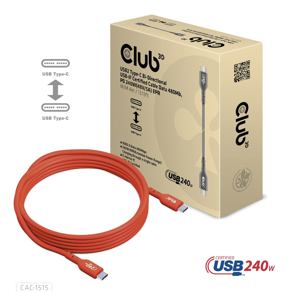 Club 3D USB-Kabel - 24 pin USB-C (M) zu 24 pin USB-C (M) - USB 2.0 - 48 V - 5 A - 4 m - bi-direktional - bis zu 240 W, Ansicht 2