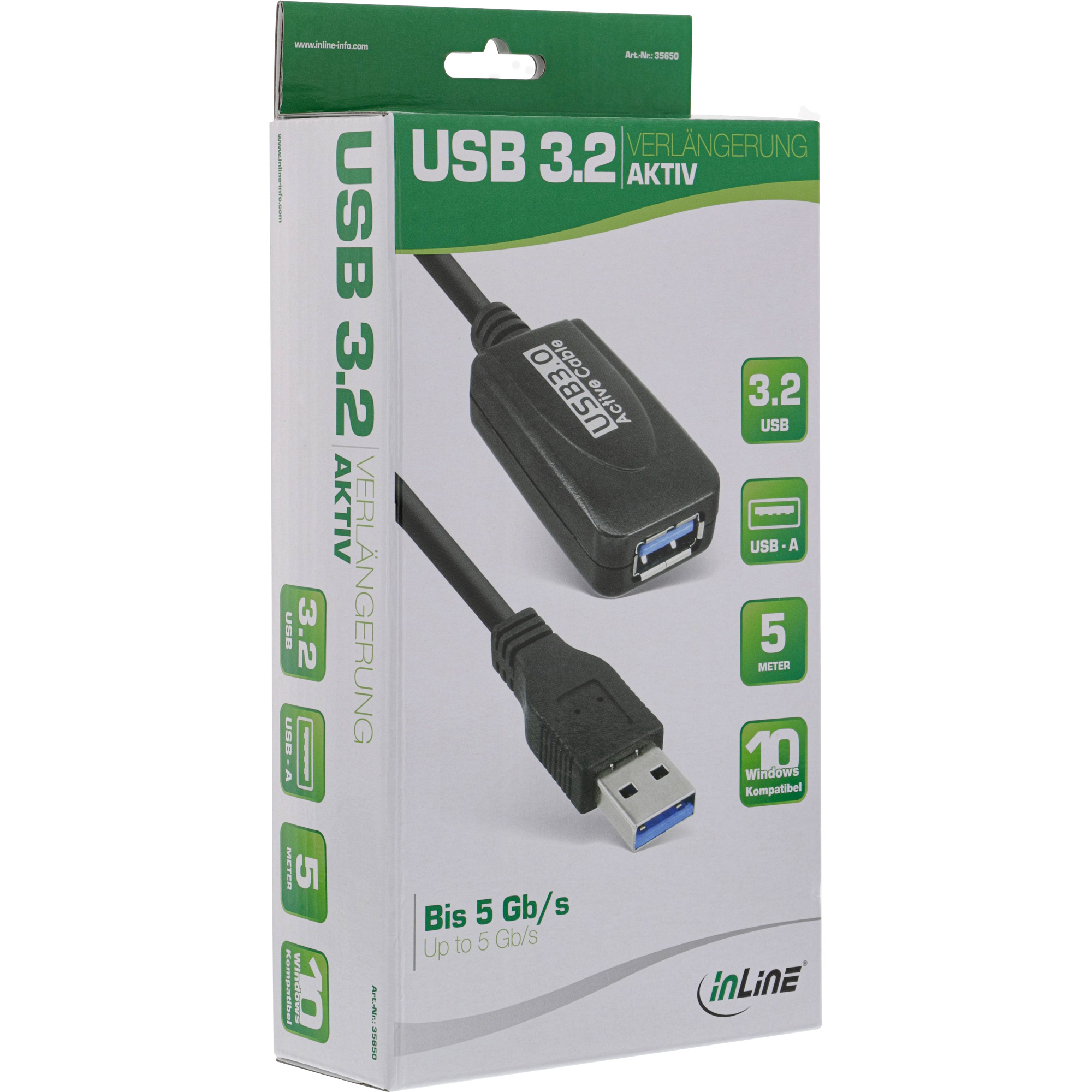InLine USB 3.2 Gen.1 Aktiv-Verlängerung - Stecker A an Buchse A - schwarz - 5m