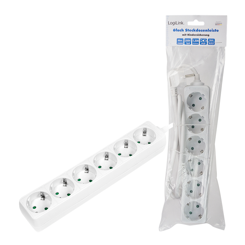 LogiLink Steckdosenleiste - Wechselstrom 250 V - 3500 Watt - Ausgangsanschlüsse: 6 (Typ F) - Weiß, Ansicht 4