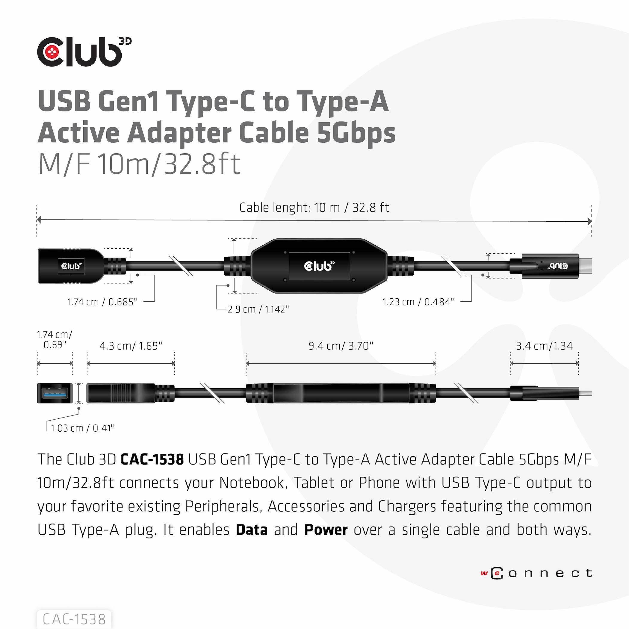 Club 3D USB-Kabel - 24 pin USB-C (M) zu USB Typ A (W), Ansicht 4