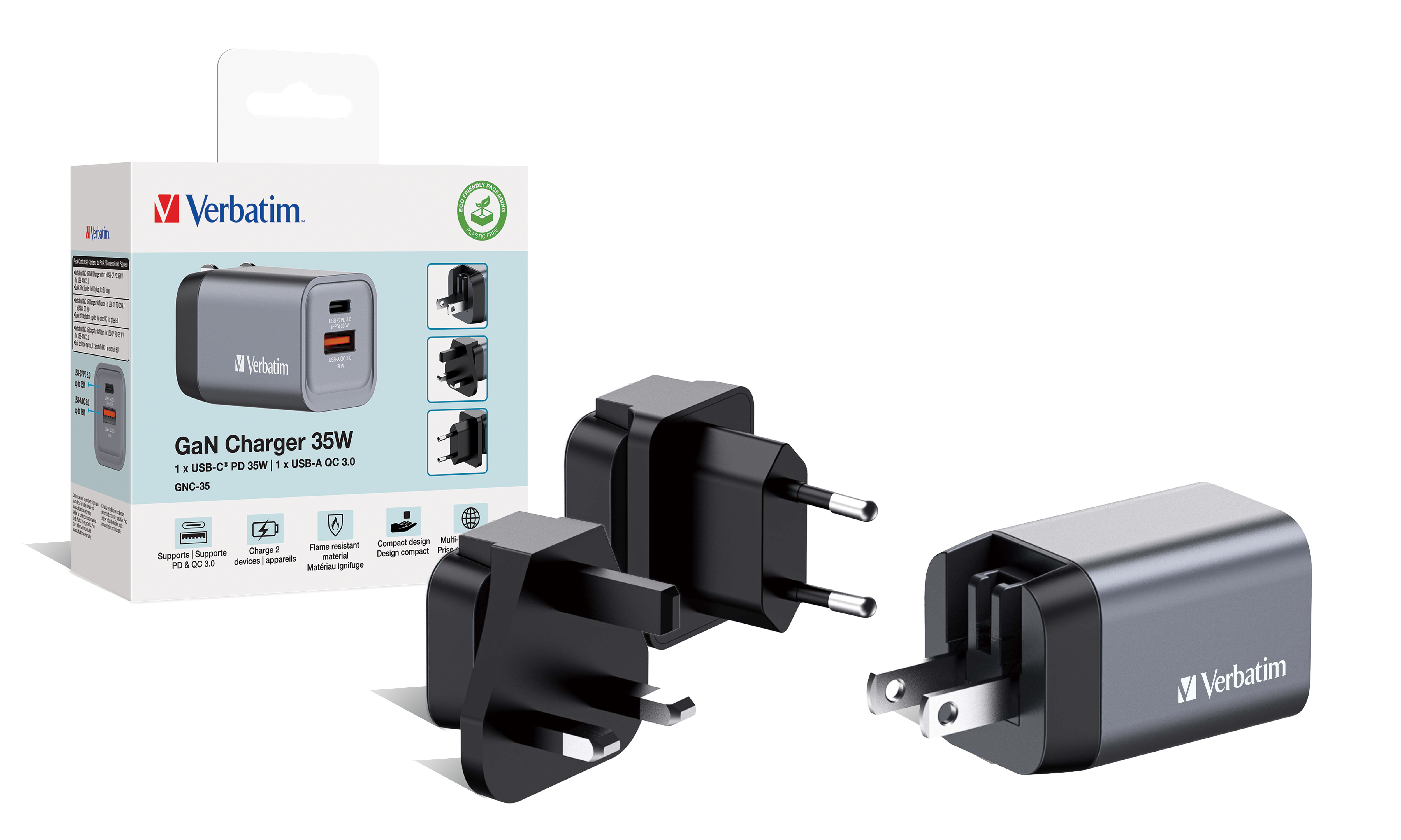 Verbatim Netzteil - GaN - 35 Watt - 3 A - PD 3.0, QC 3.0 - 2 Ausgabeanschlussstellen (USB, 24 pin USB-C), Ansicht 2